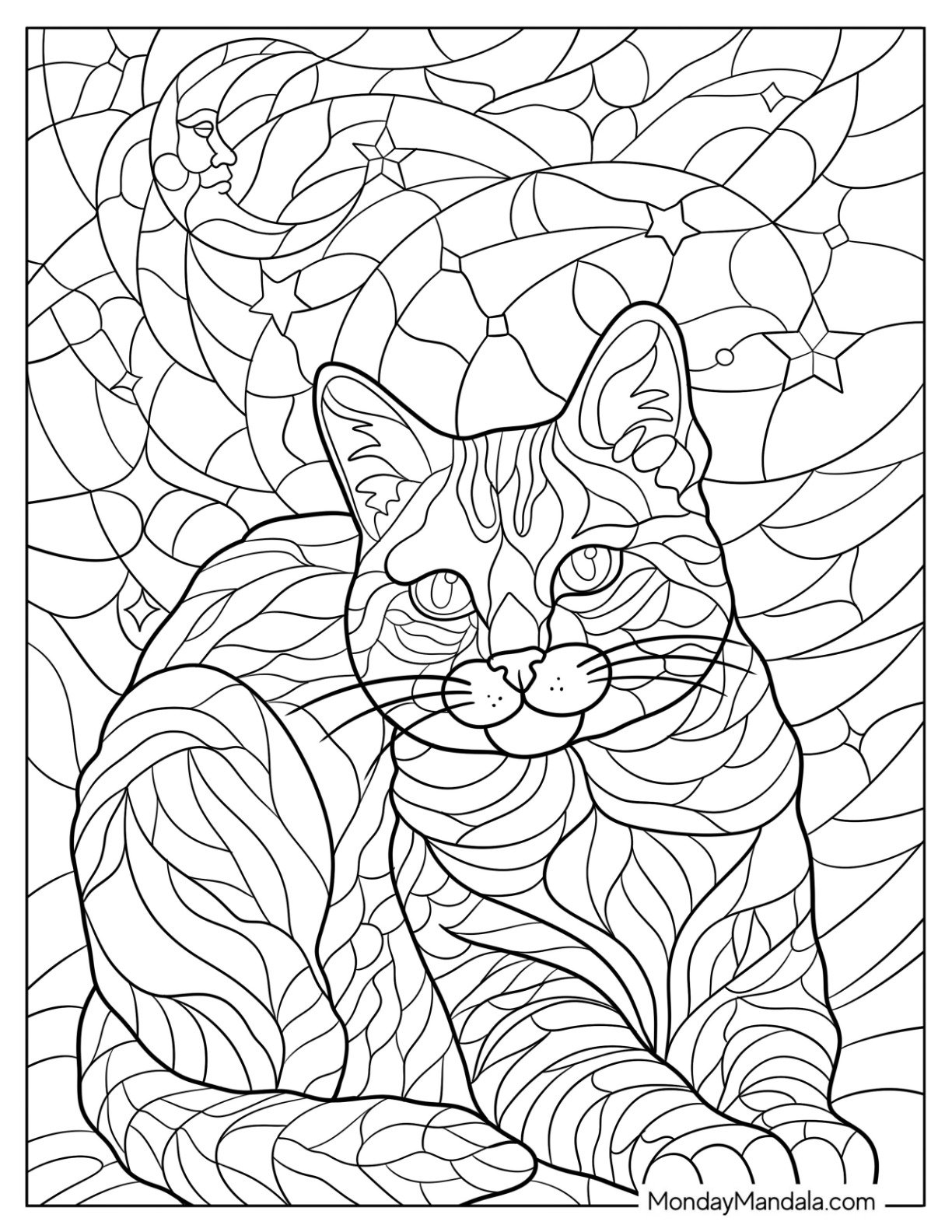 Artistic Stained Glass Cat Coloring Page with Swirling Background