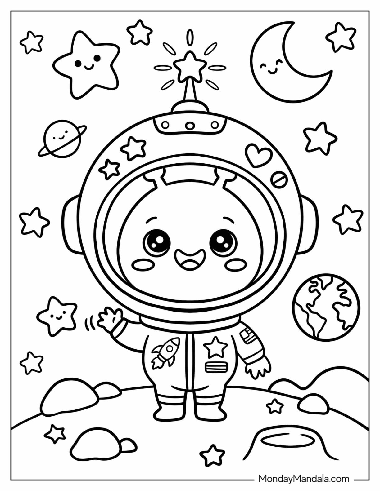 Astronaut Alien Waiving from Outer Space Coloring Page for Kids