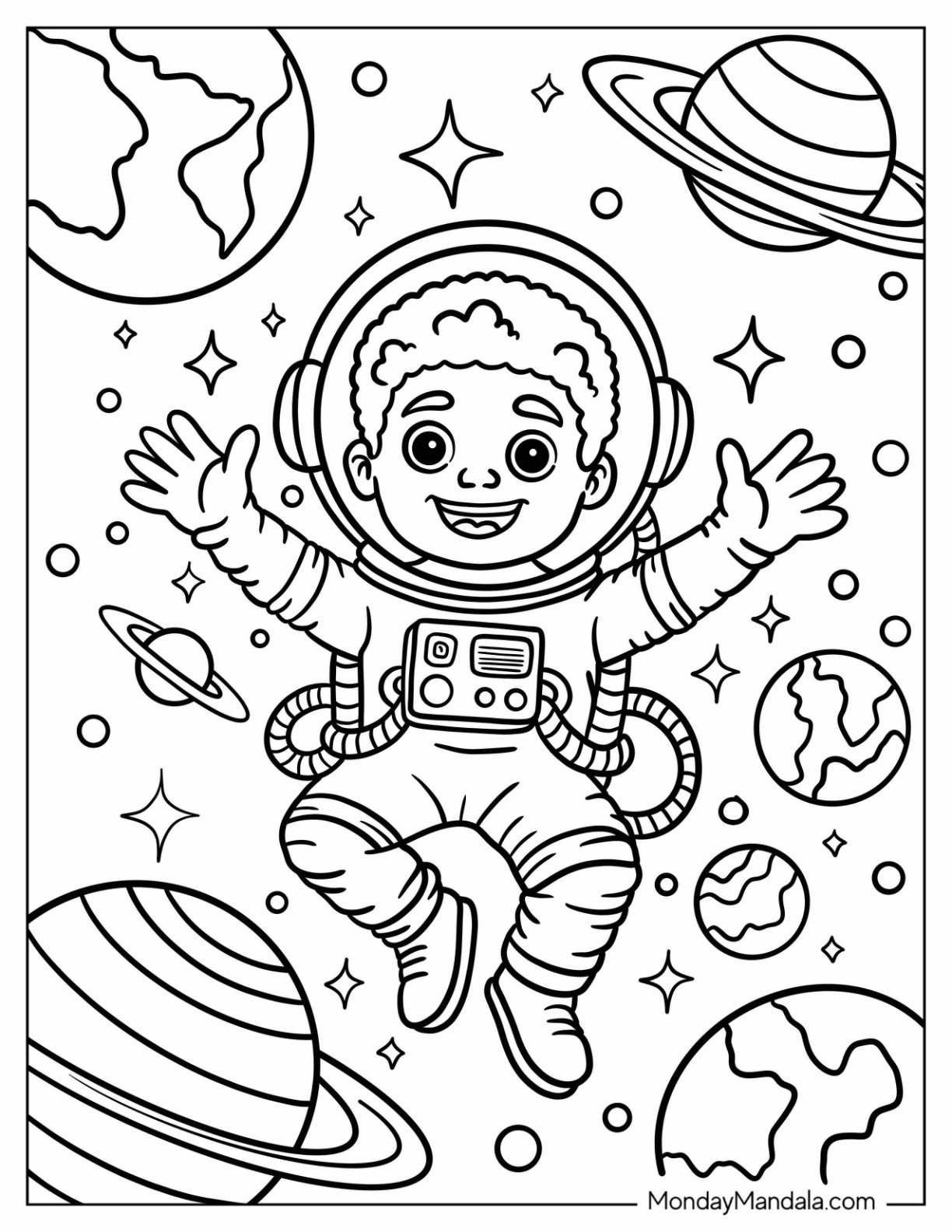 Astronaut Black Girl & Boy Coloring Page Exploring Outer Space