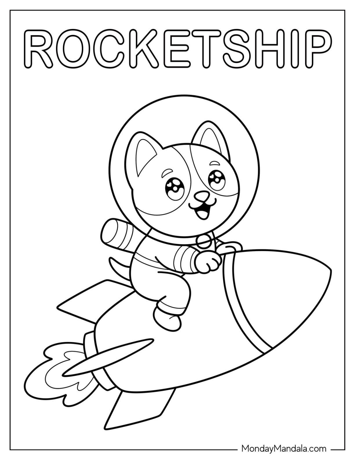 Astronaut Cat Riding a Rocket Coloring Page for Preschoolers
