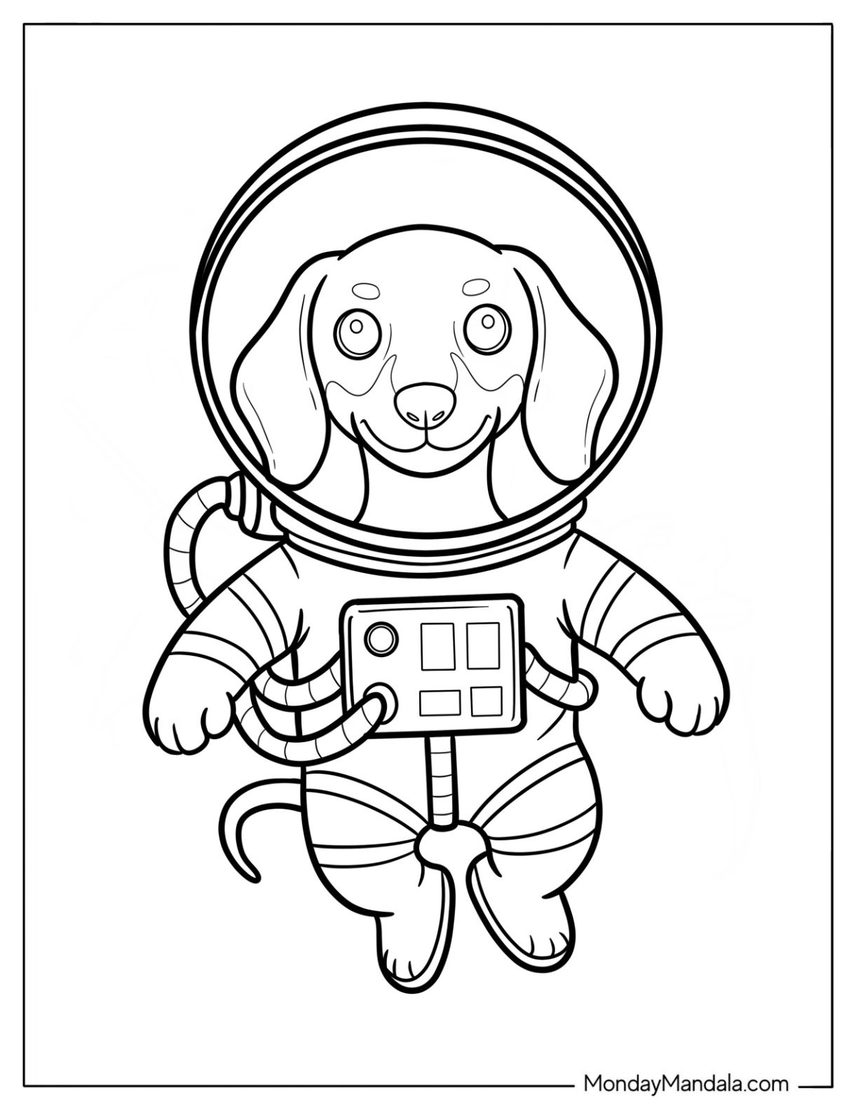 Astronaut Dachshund Floating in Space Suit Coloring Sheet for Kids