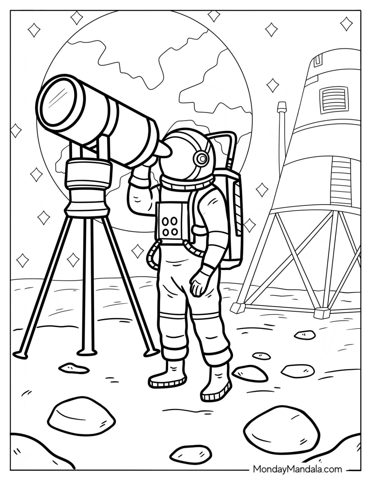 Astronaut Observing the Stars Through a Telescope on Cratered Planet