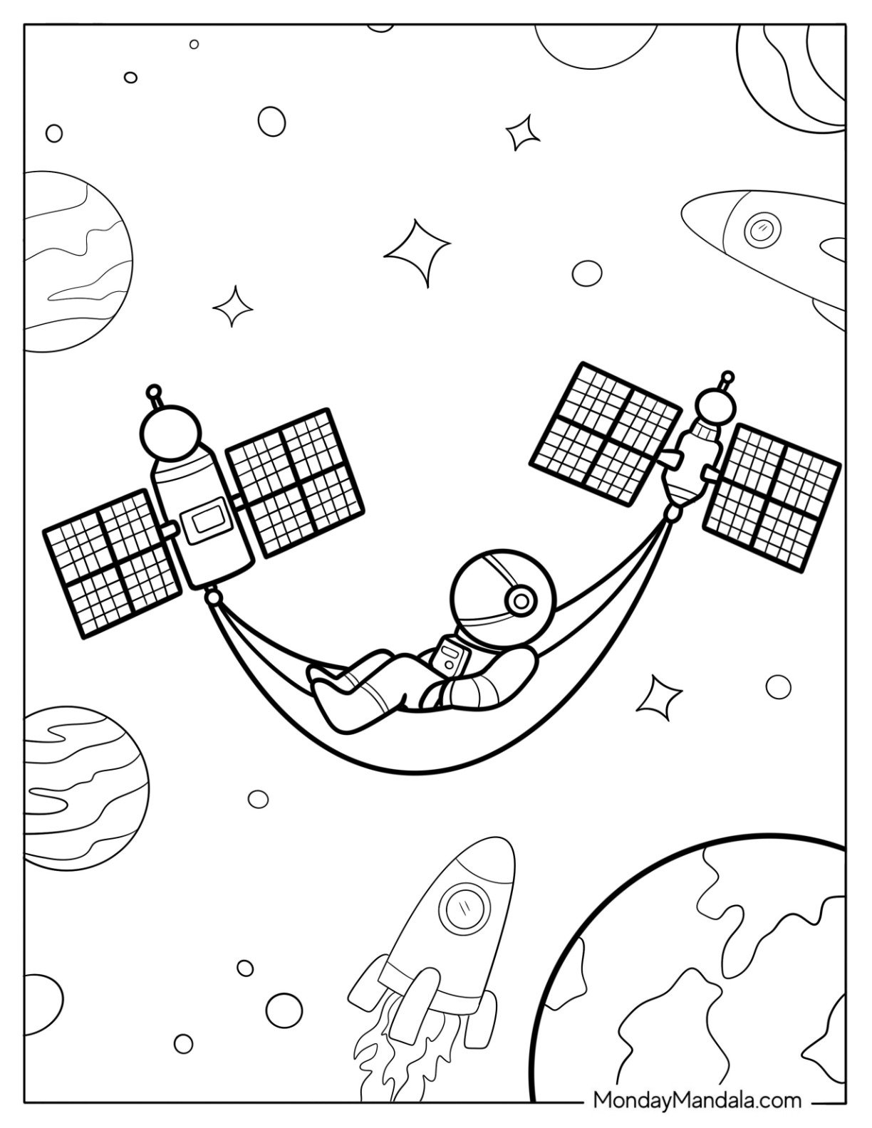 Astronaut Relaxing in Space Hammock Between Satellites