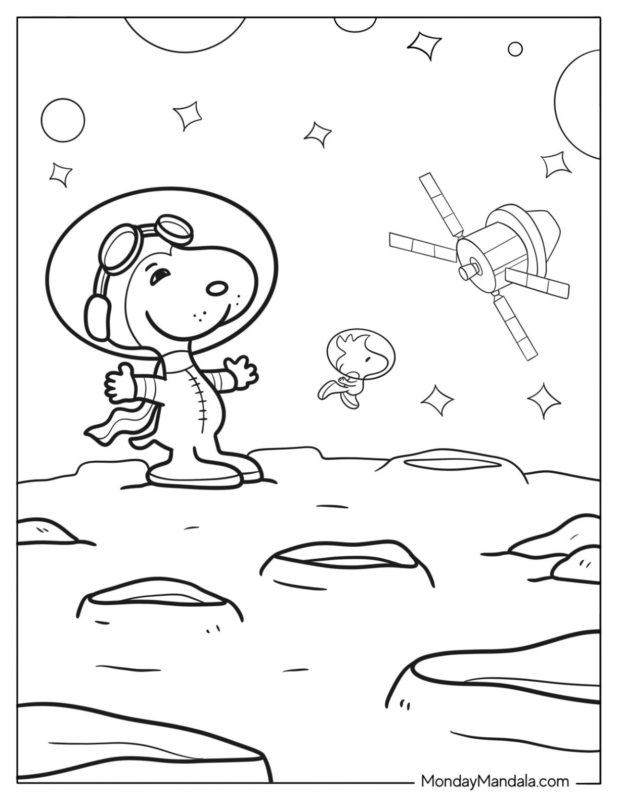 Astronaut Snoopy In Outer Space With Stars And Satellite In The Background