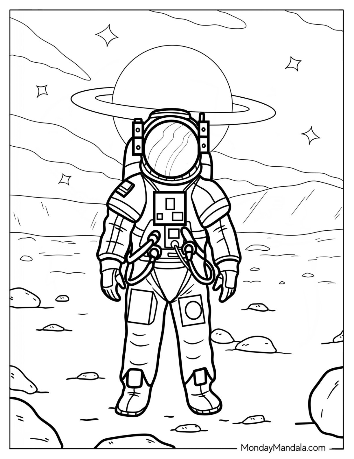 Astronaut Standing on a Planet with Ringed Planet in Background Coloring Sheet For Kids