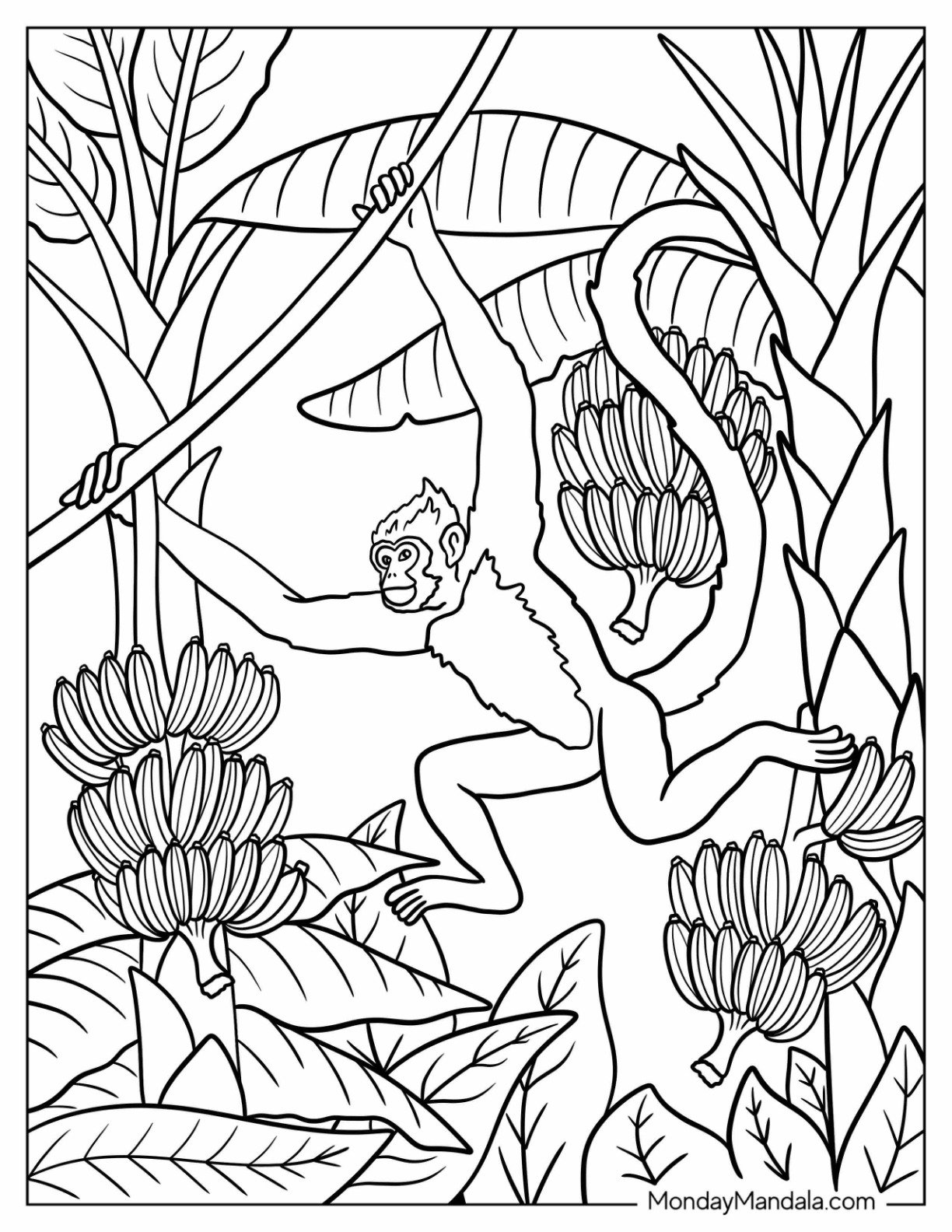 Athletic Monkey Coloring Page Swinging Between Banana Trees
