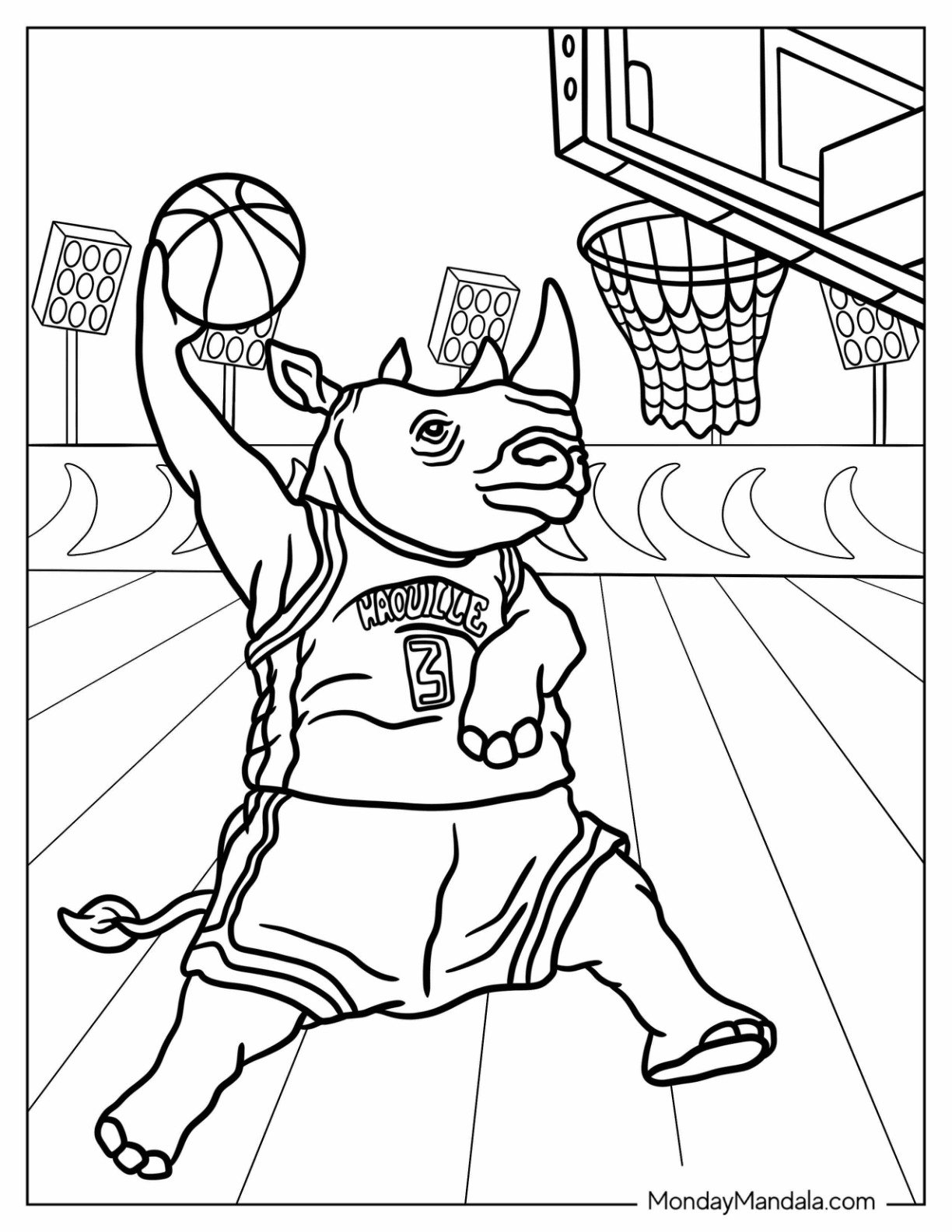 Athletic Rhino Coloring Page Playing Basketball for Kids