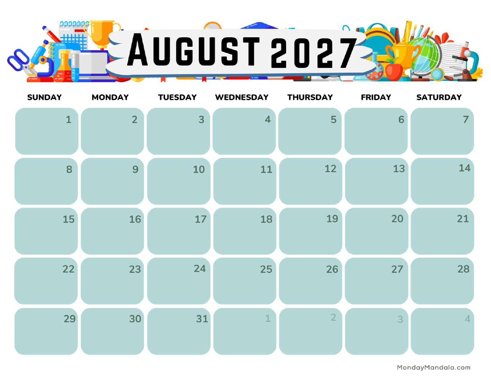 August 2027 Calendar Printable Academic Landscape