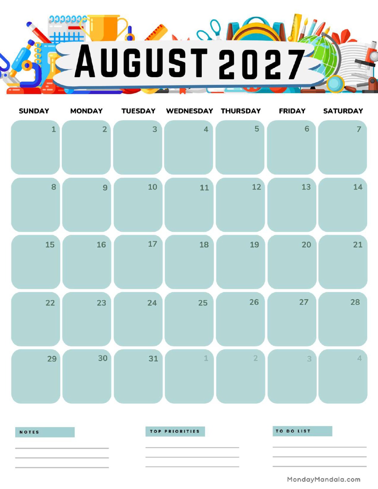 August 2027 Calendar Printable Academic Portrait