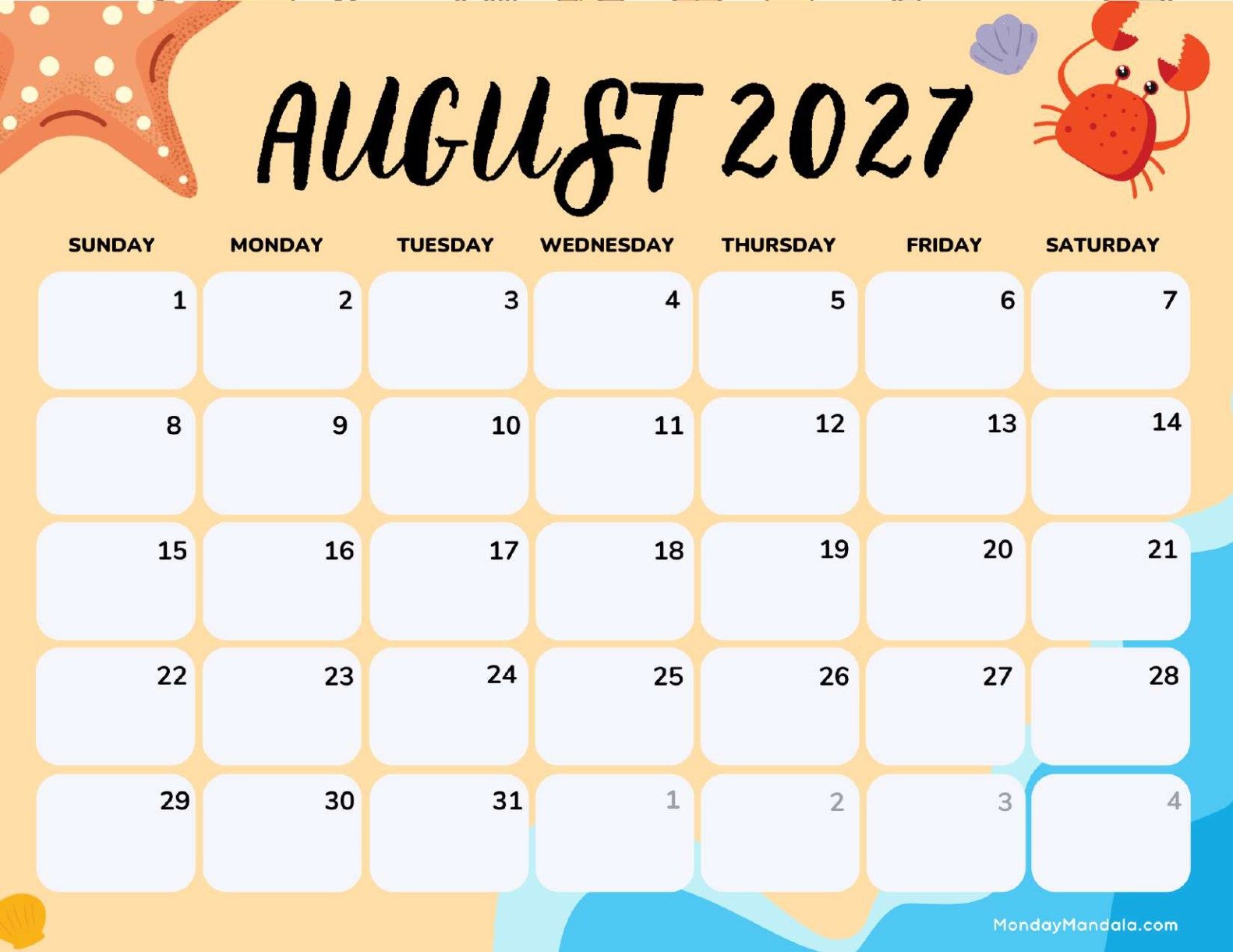 August 2027 Calendar Printable Beach Landscape