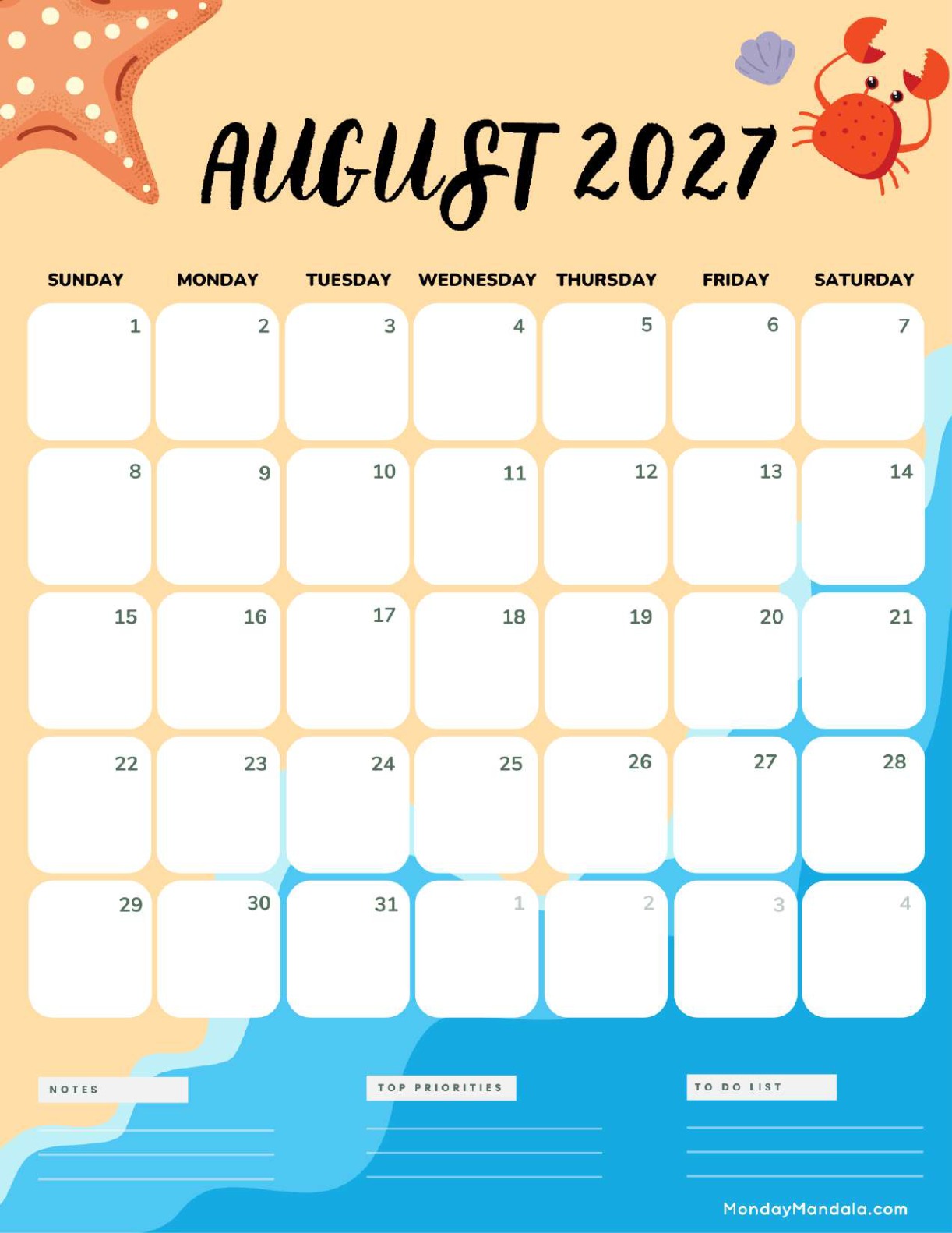 August 2027 Calendar Printable Beach Portrait