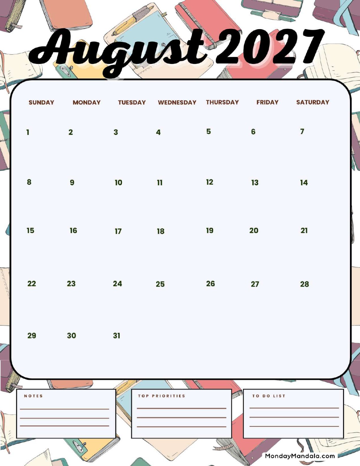 August 2027 Calendar Printable Books Portrait