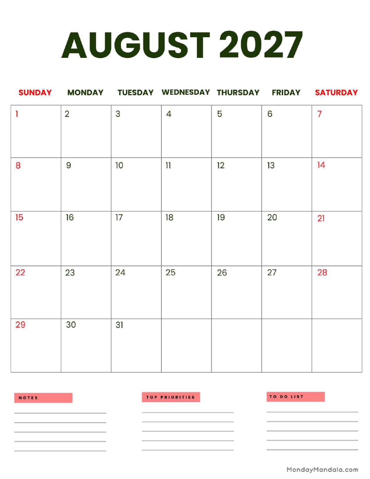 August 2027 Calendar Printable Business Portrait