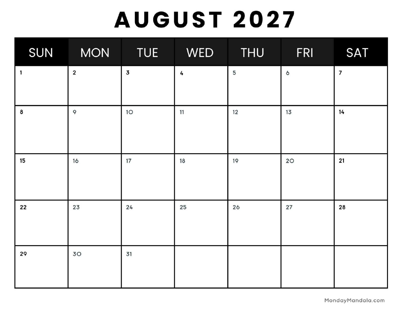 August 2027 Calendar Printable Business4 Landscape