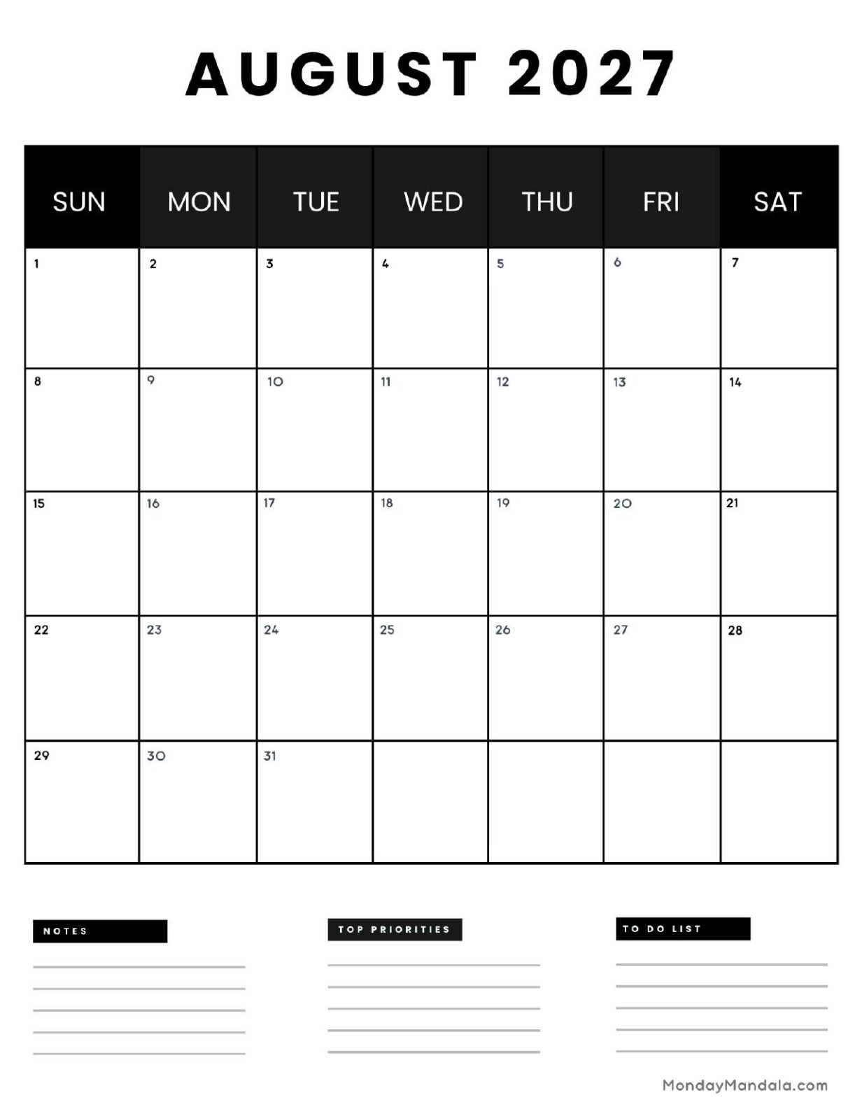 August 2027 Calendar Printable Business4 Portrait