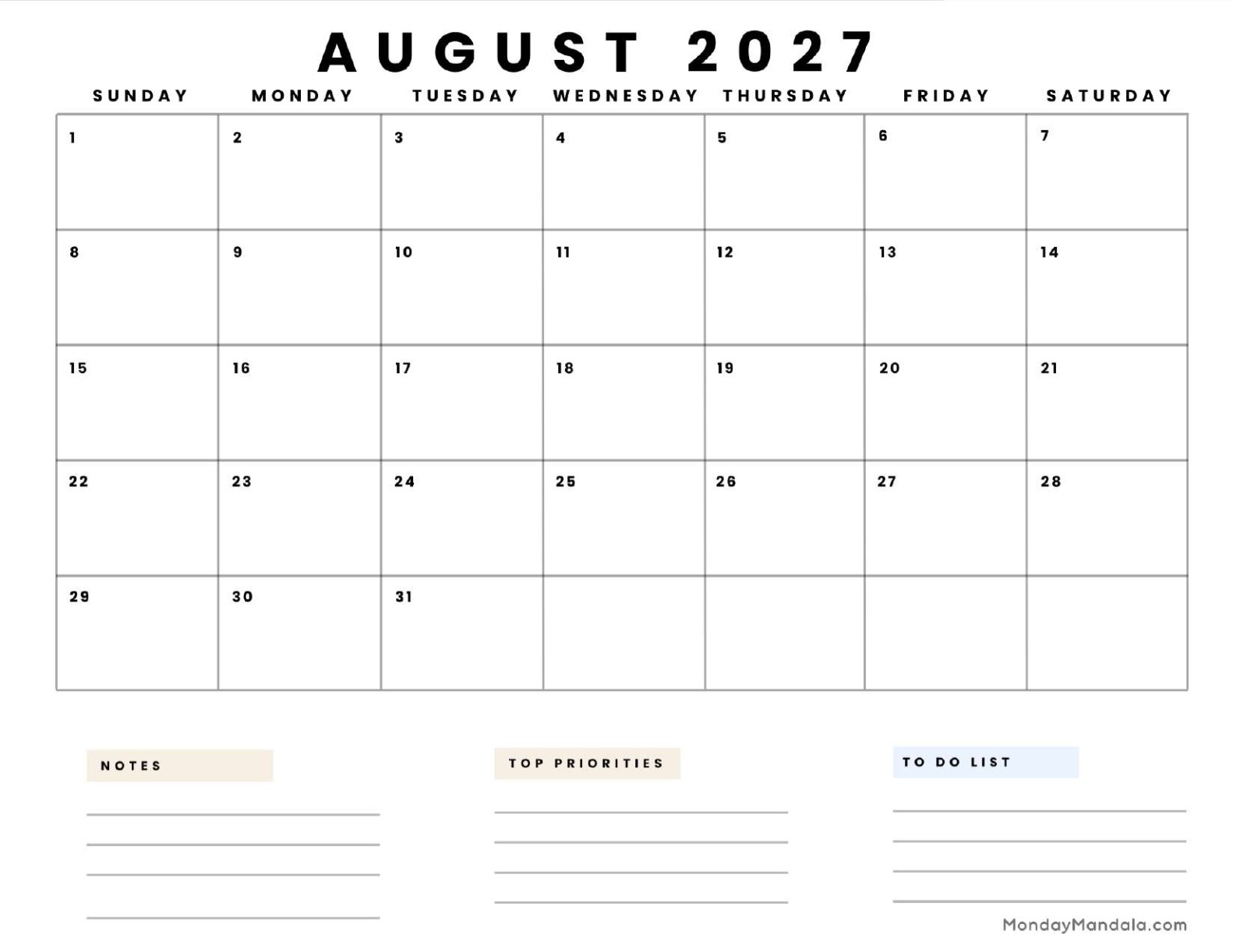 August 2027 Calendar Printable Business5 Landscape