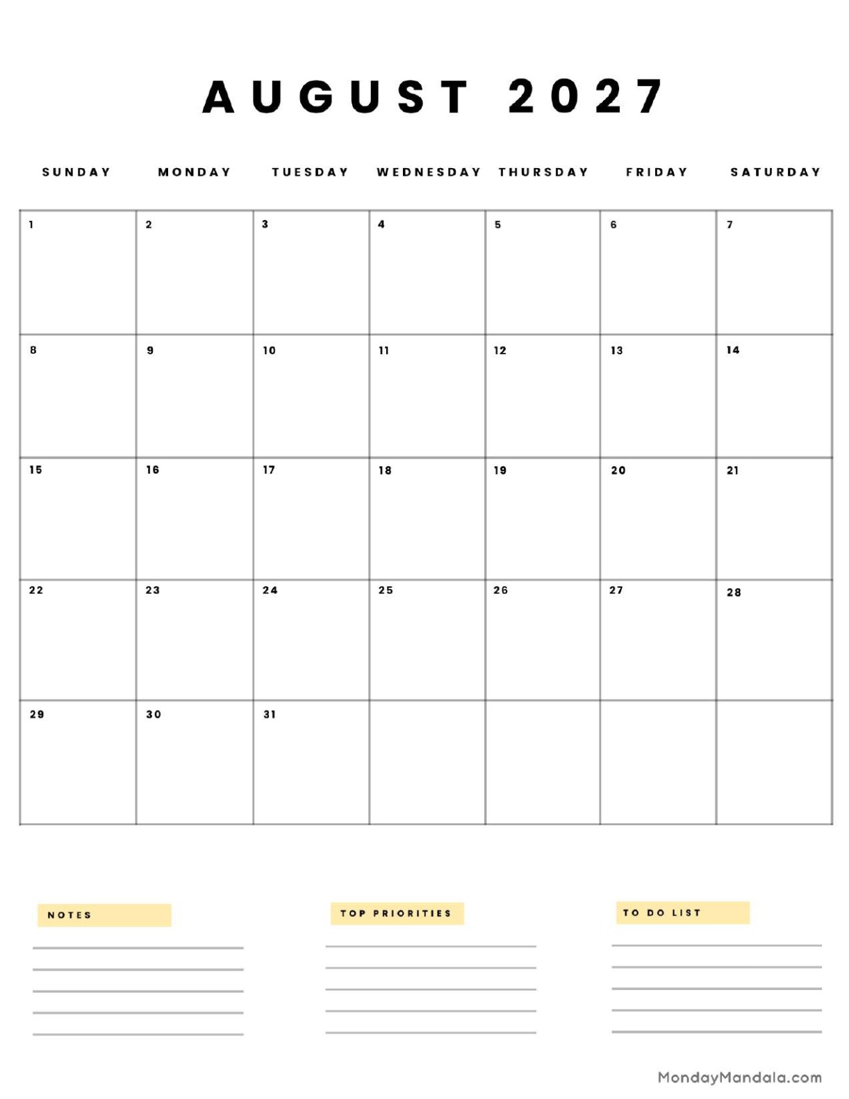 August 2027 Calendar Printable Business5 Portrait