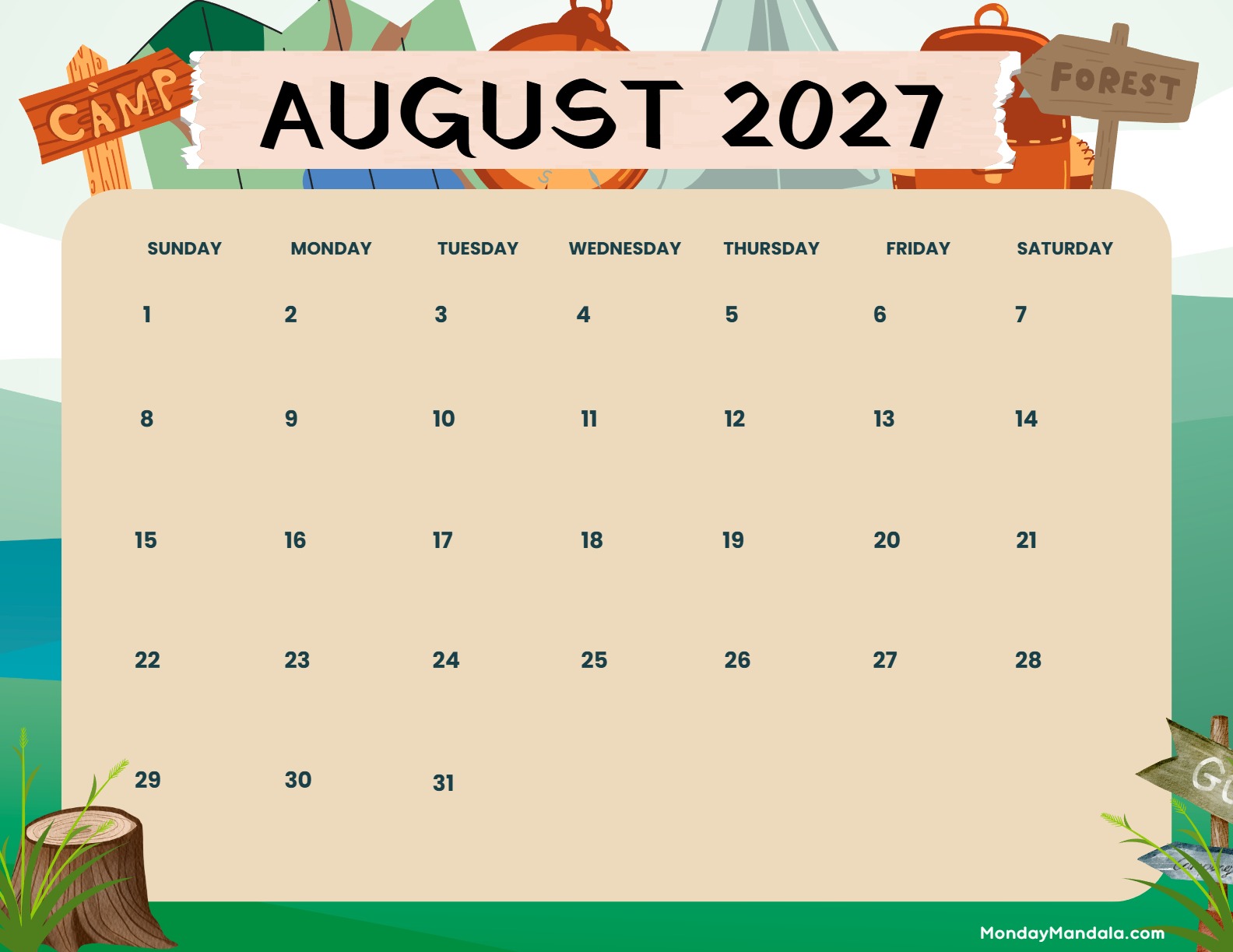 August 2027 Calendar Printable Camp Landscape2