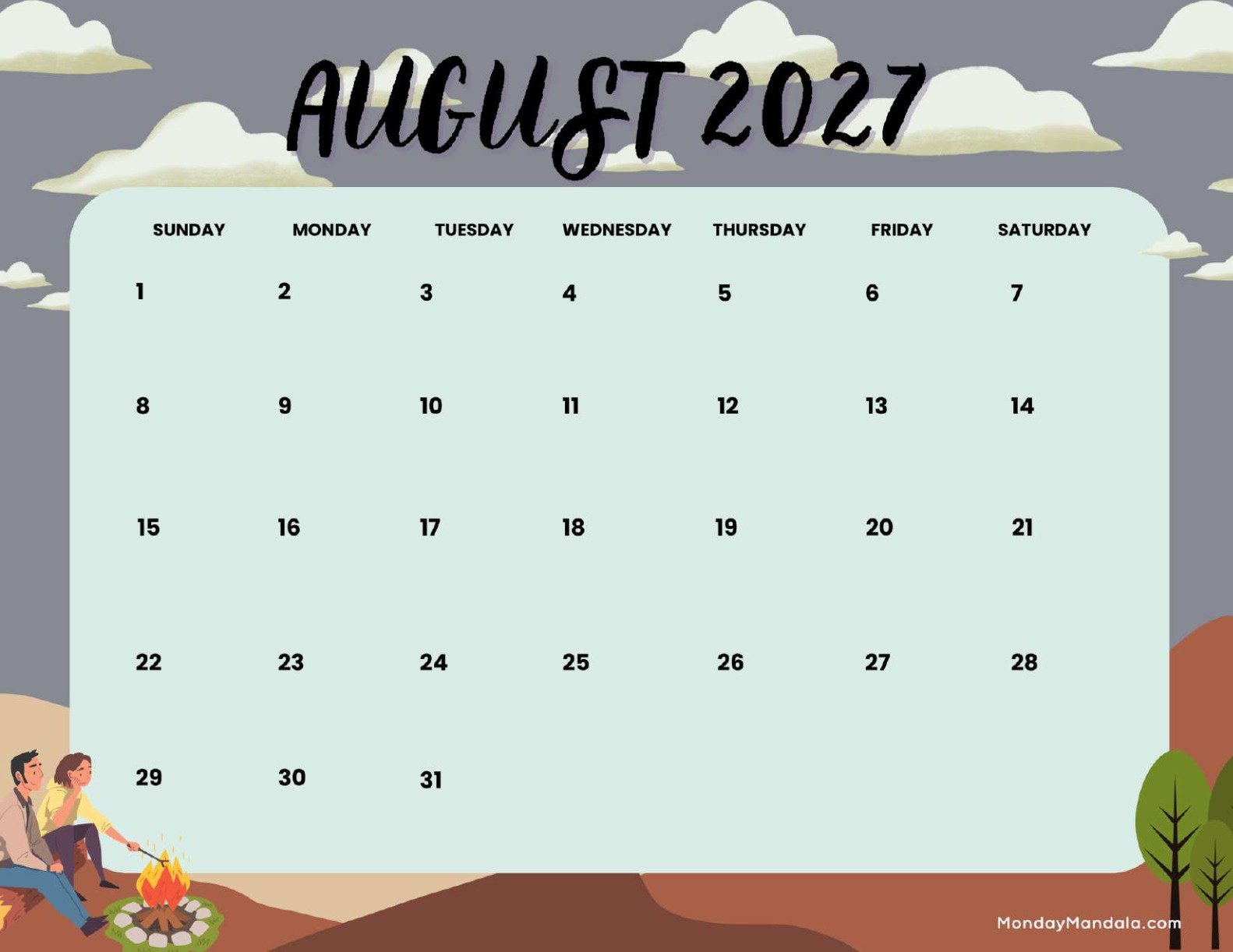 August 2027 Calendar Printable Campers Landscape