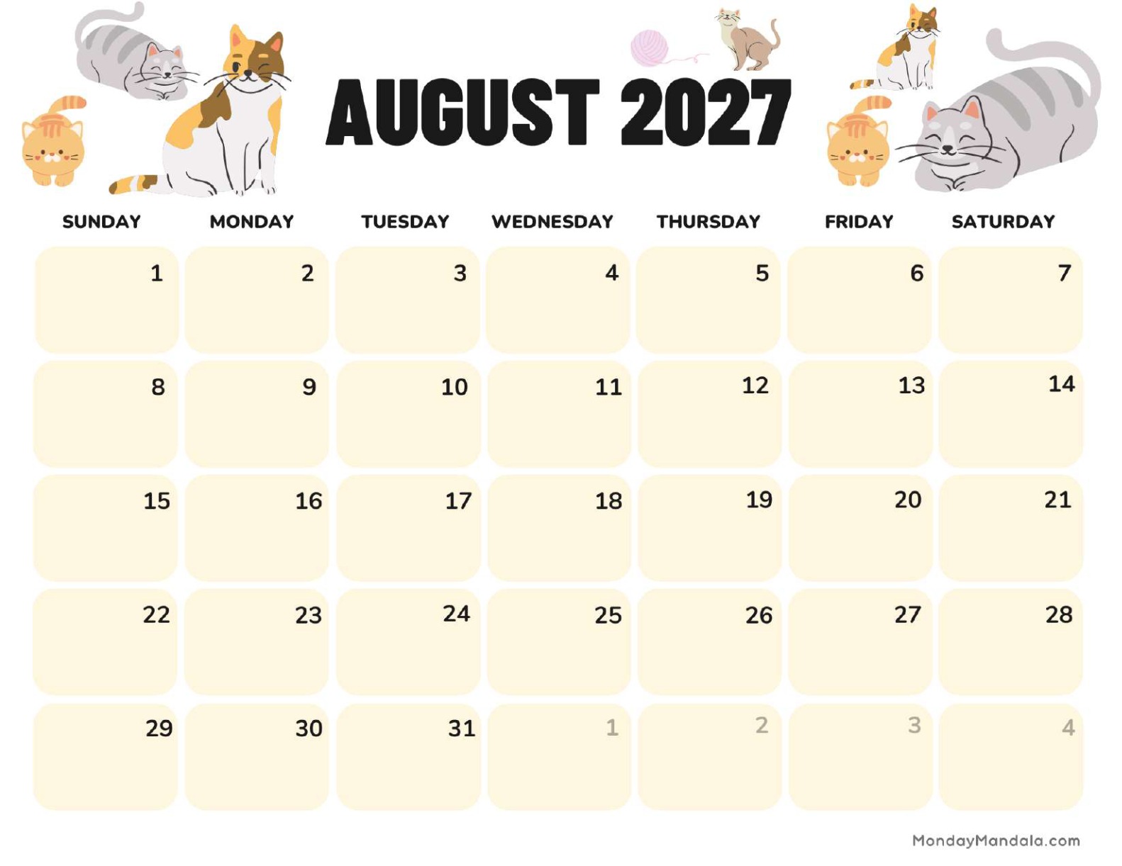 August 2027 Calendar Printable Cats Landscape