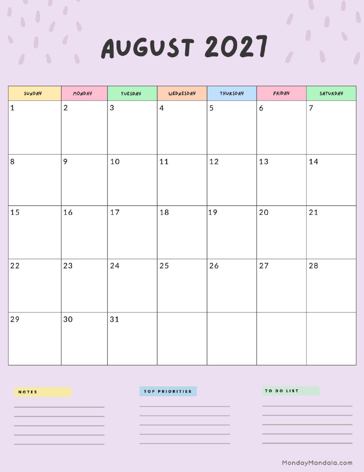 August 2027 Calendar Printable Colorful Portrait