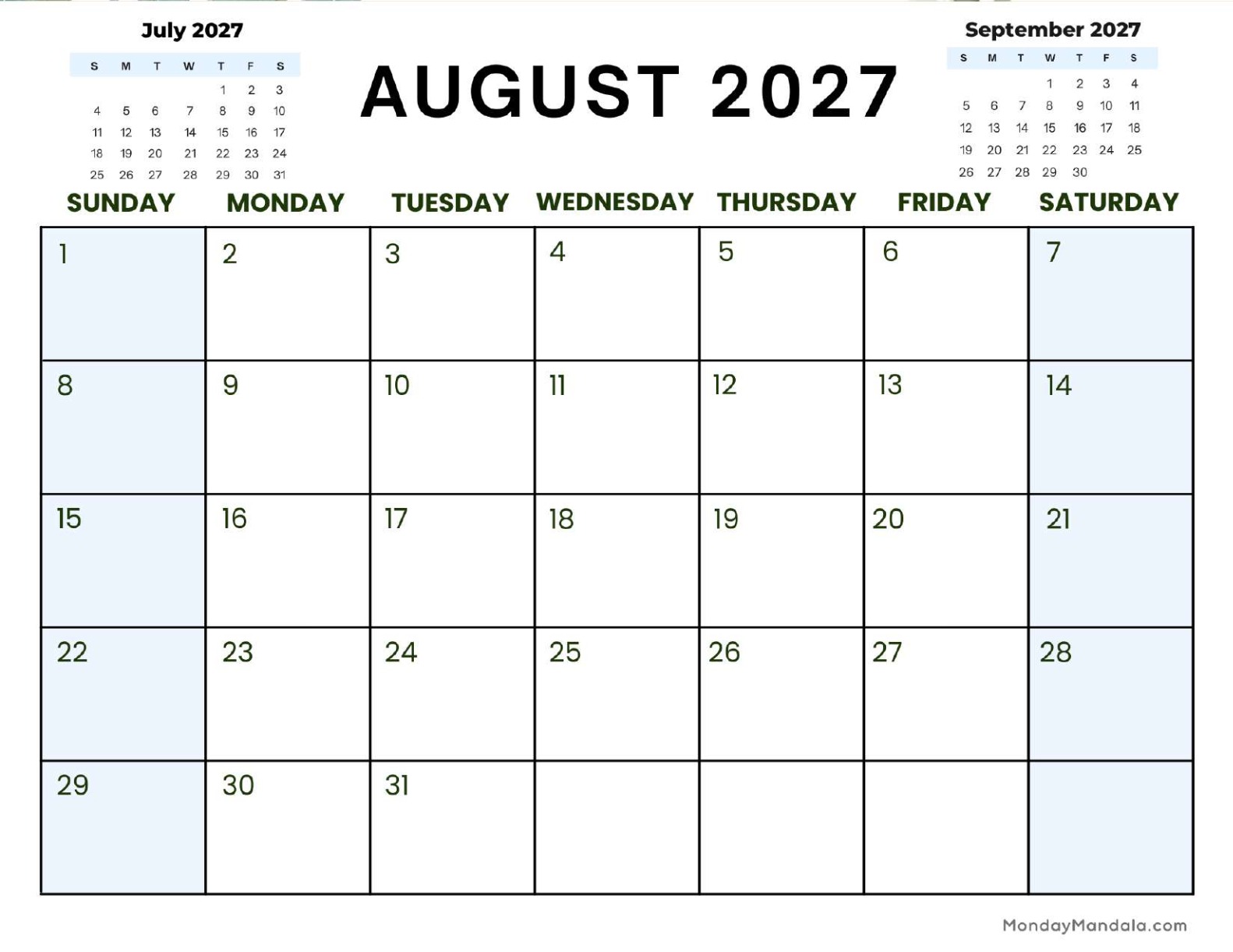 August 2027 Calendar Printable Corporate2 Landscape