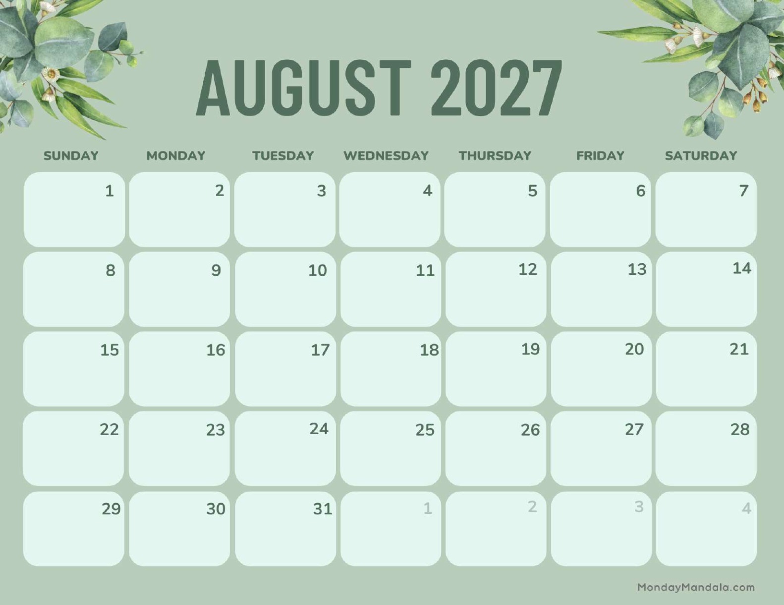 August 2027 Calendar Printable Green Landscape
