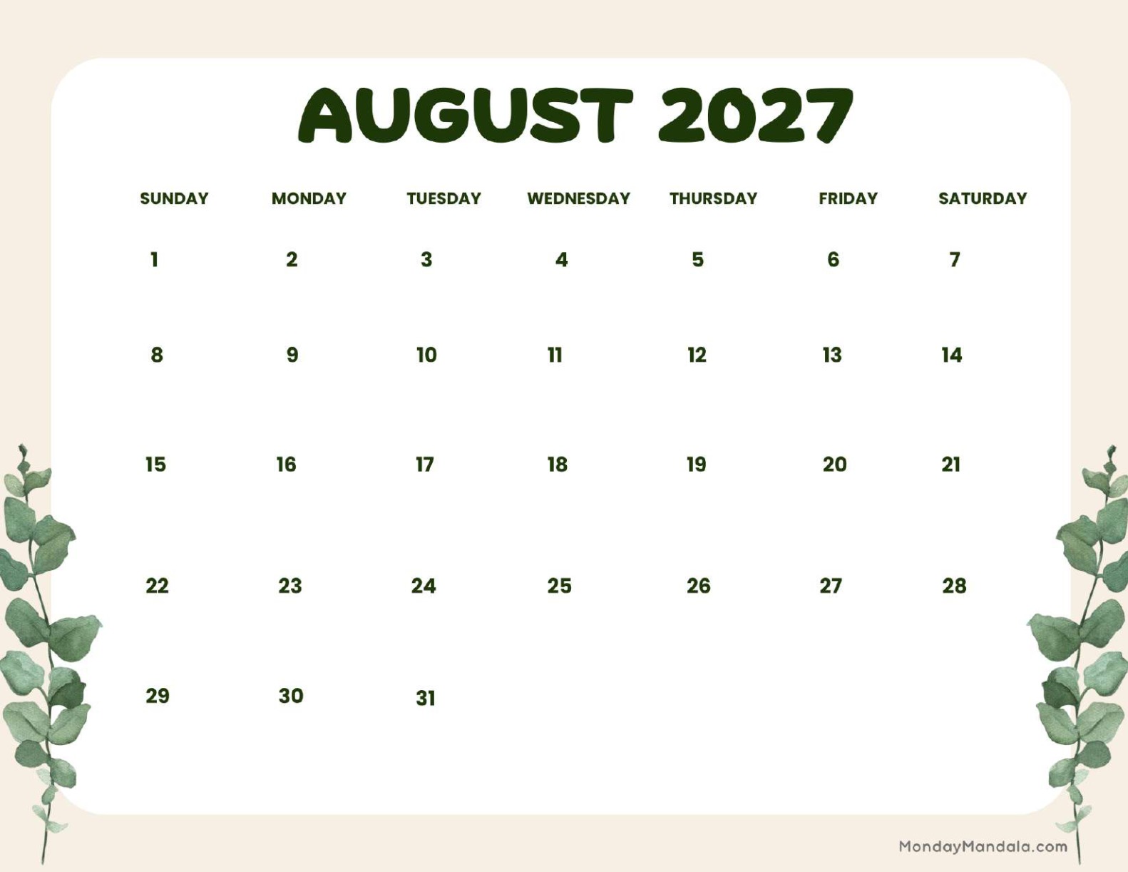 August 2027 Calendar Printable Leaves Landscape