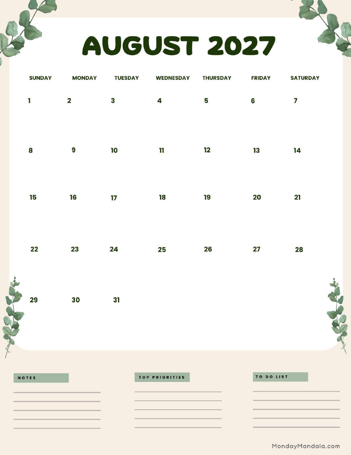 August 2027 Calendar Printable Leaves Portrait