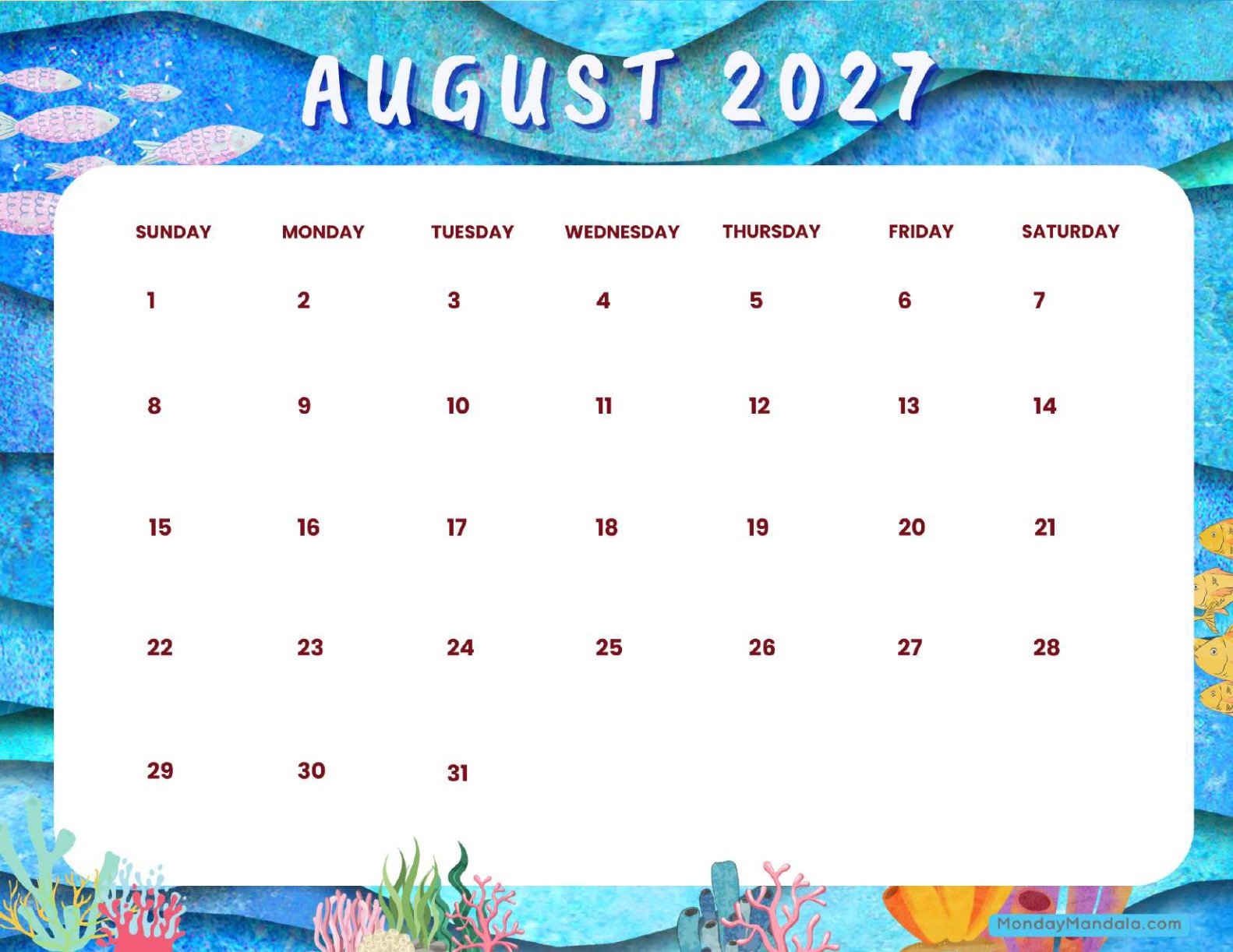 August 2027 Calendar Printable Ocean Landscape