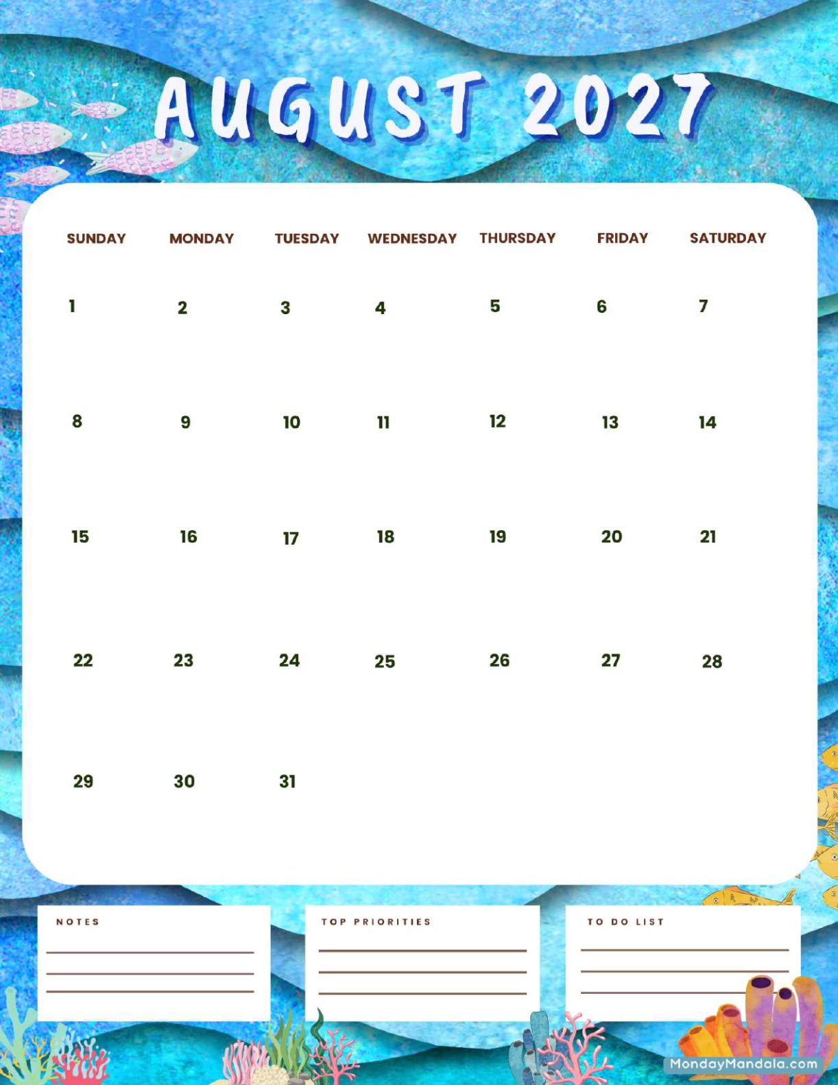 August 2027 Calendar Printable Ocean Portrait
