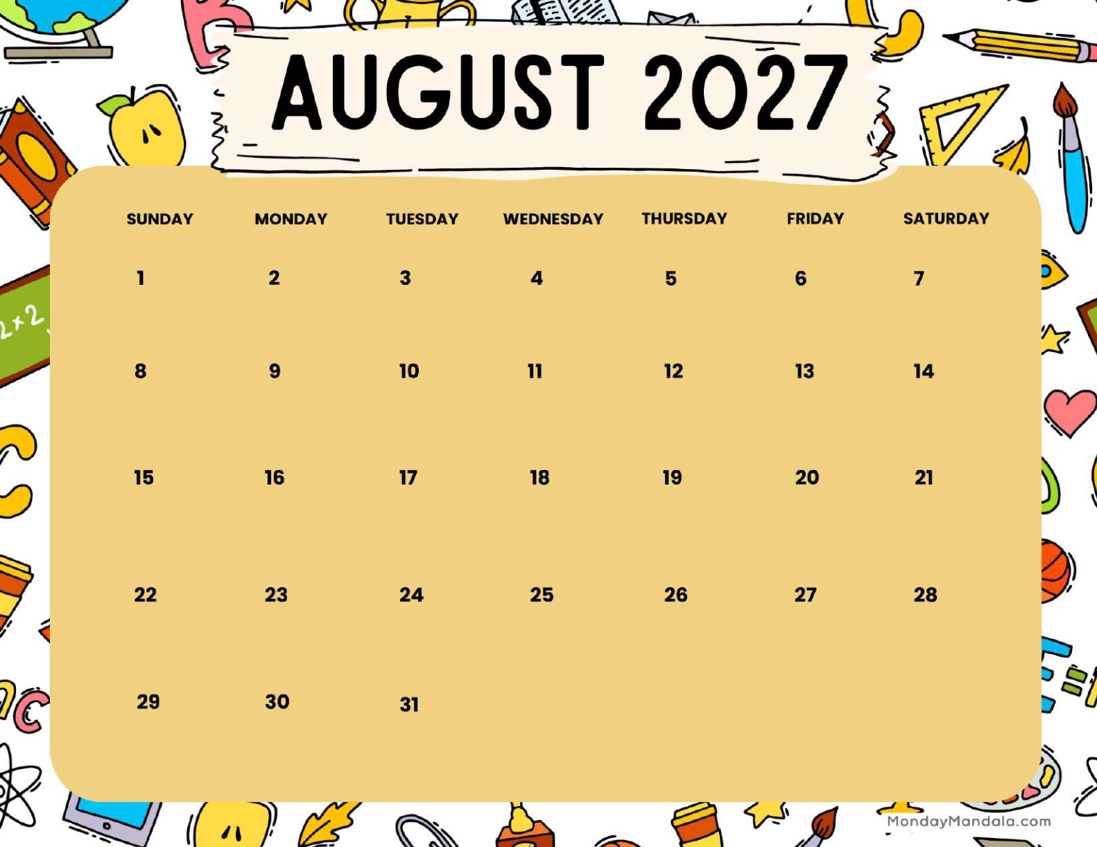 August 2027 Calendar Printable School Landscape