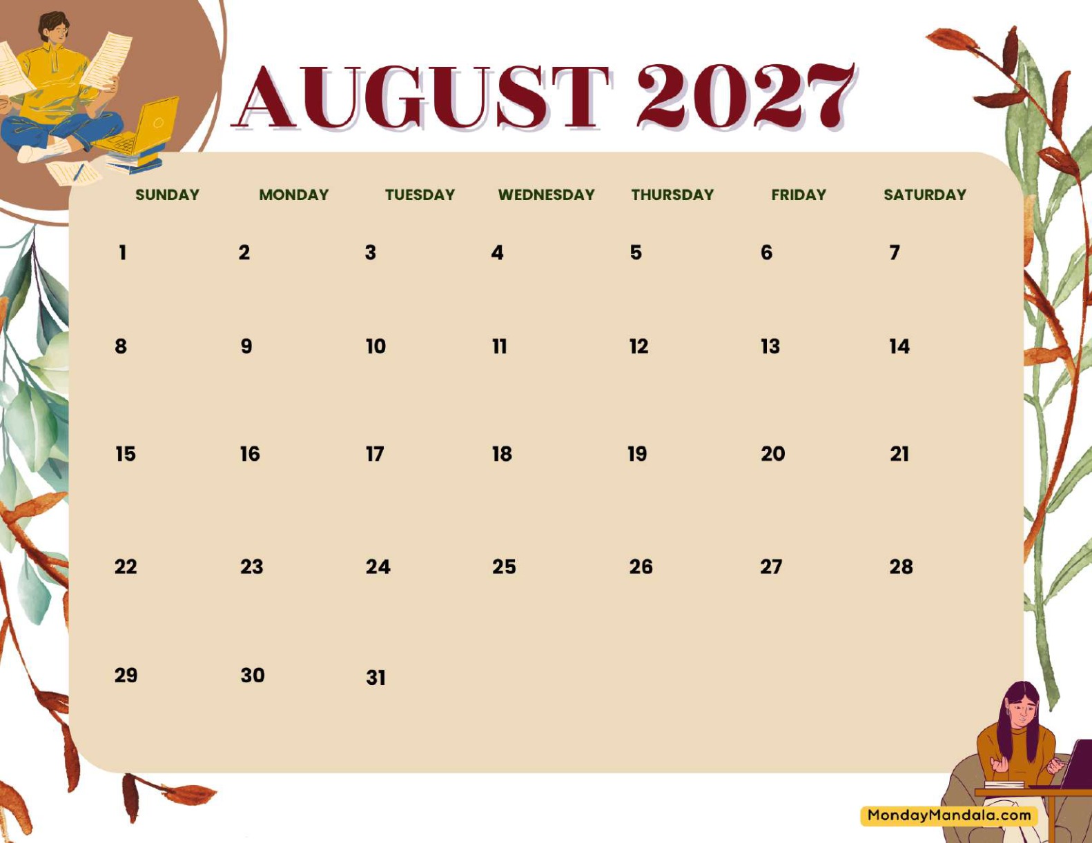 August 2027 Calendar Printable Students Landscape