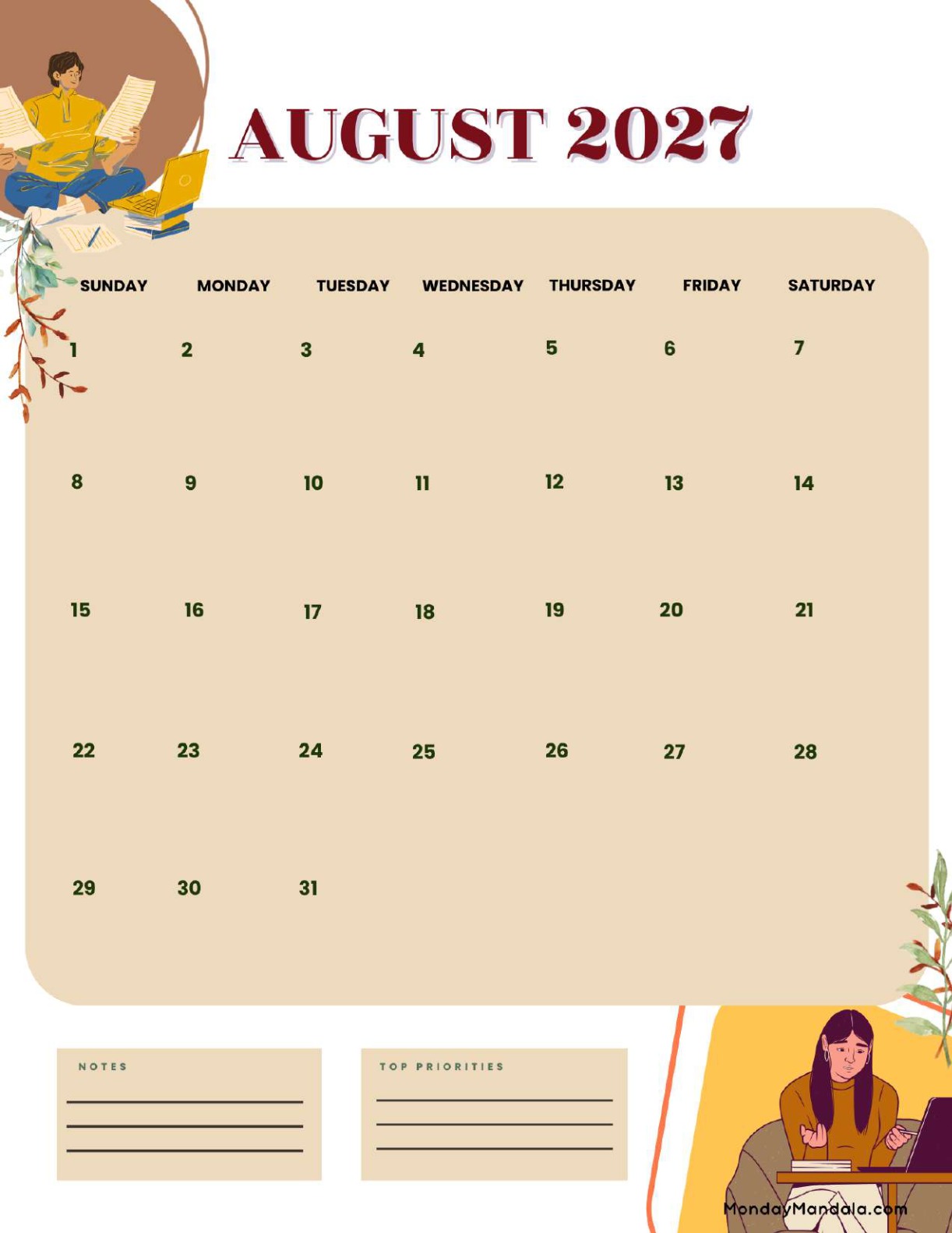 August 2027 Calendar Printable Students Portrait