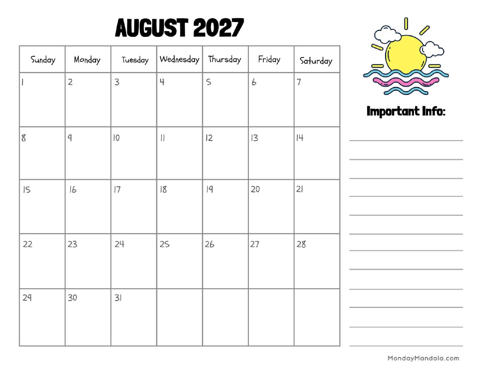 August 2027 Calendar Printable Sun Landscape