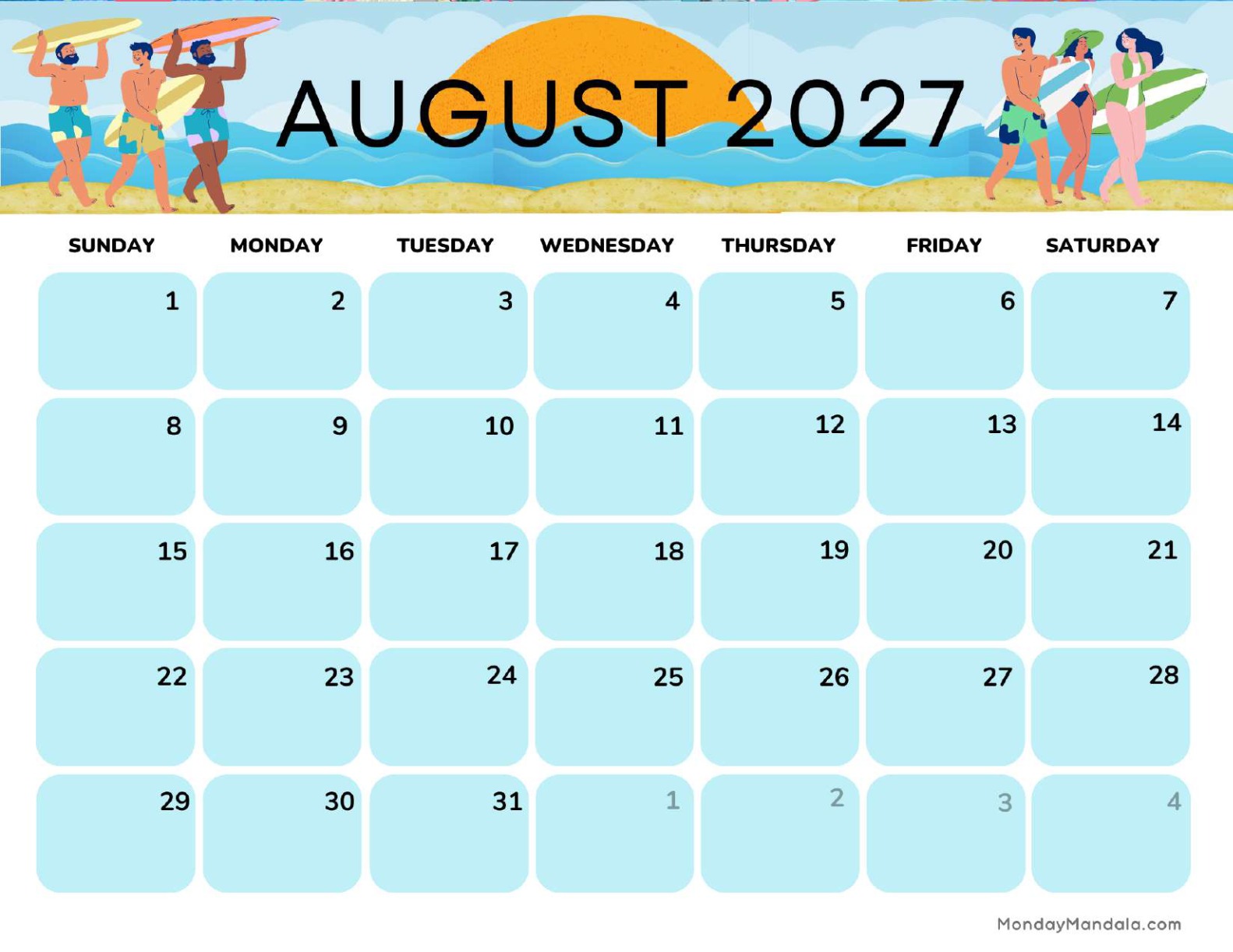 August 2027 Calendar Printable Surfing Landscape