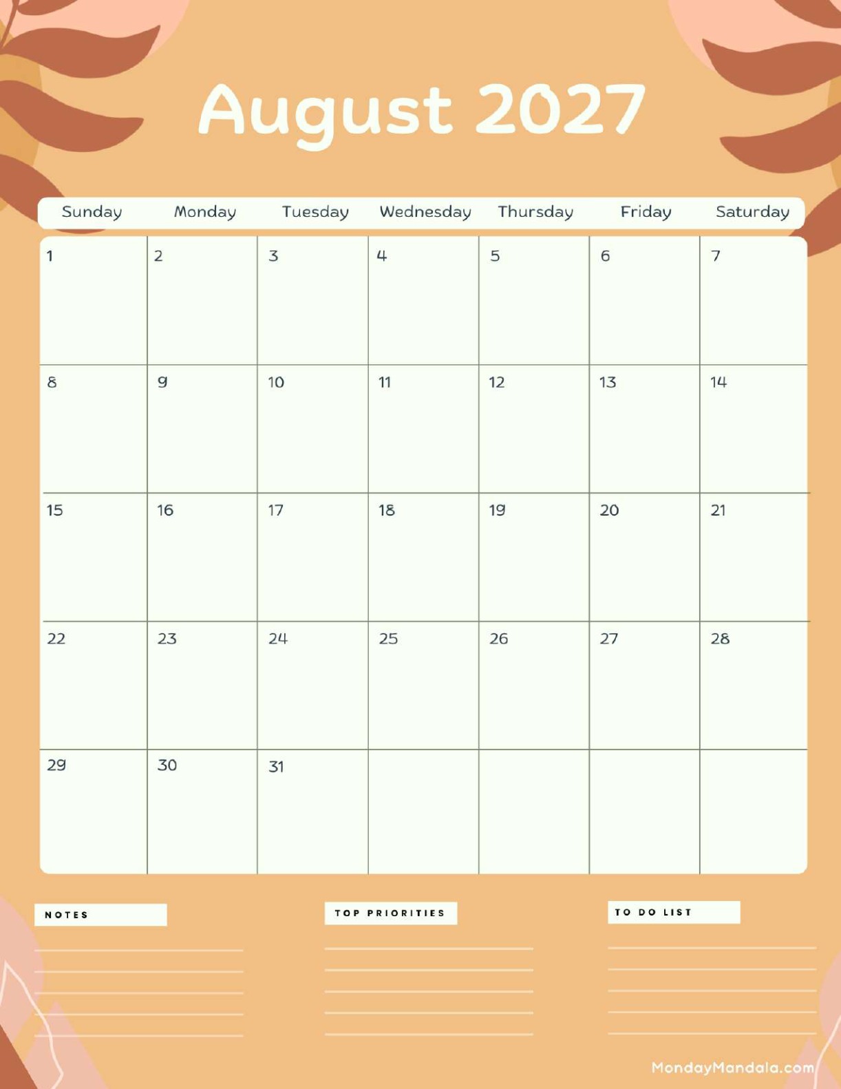 August 2027 Calendar Printable Terracotta Portrait