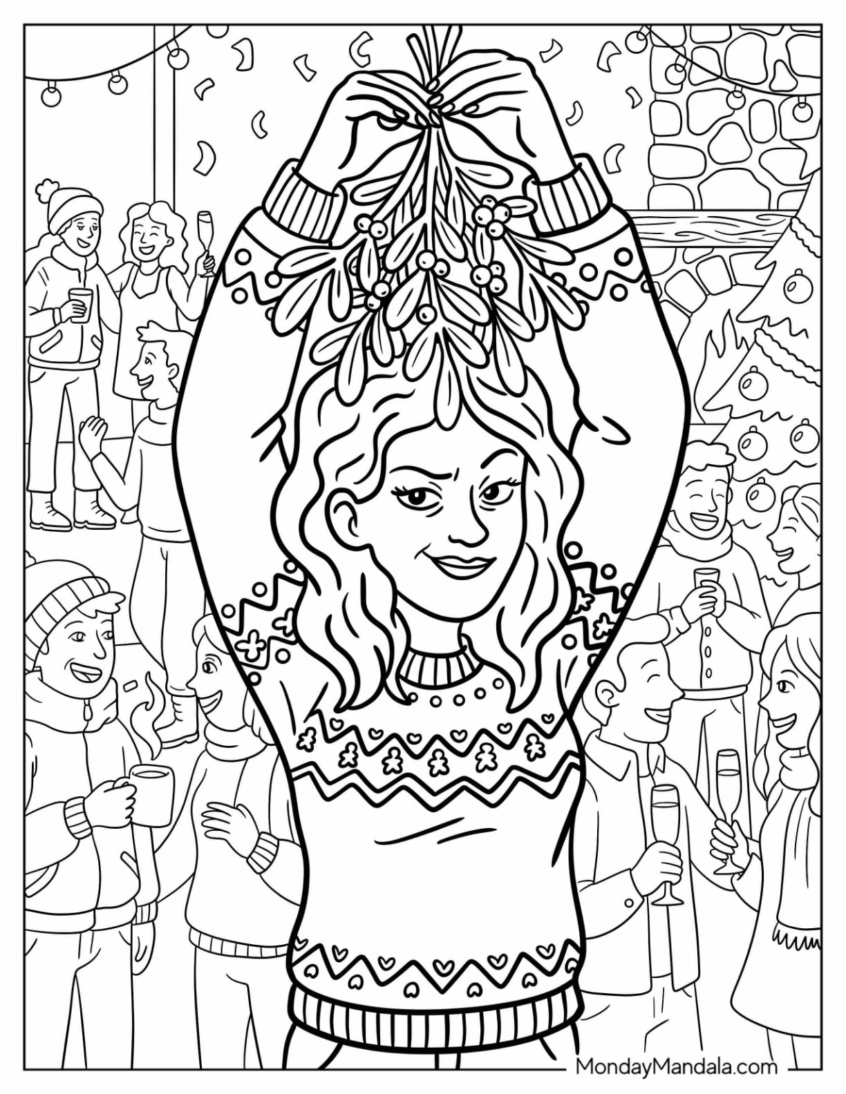 Auntie Holding a Mistletoe Over Her Head on Christmas Coloring Page for Adults