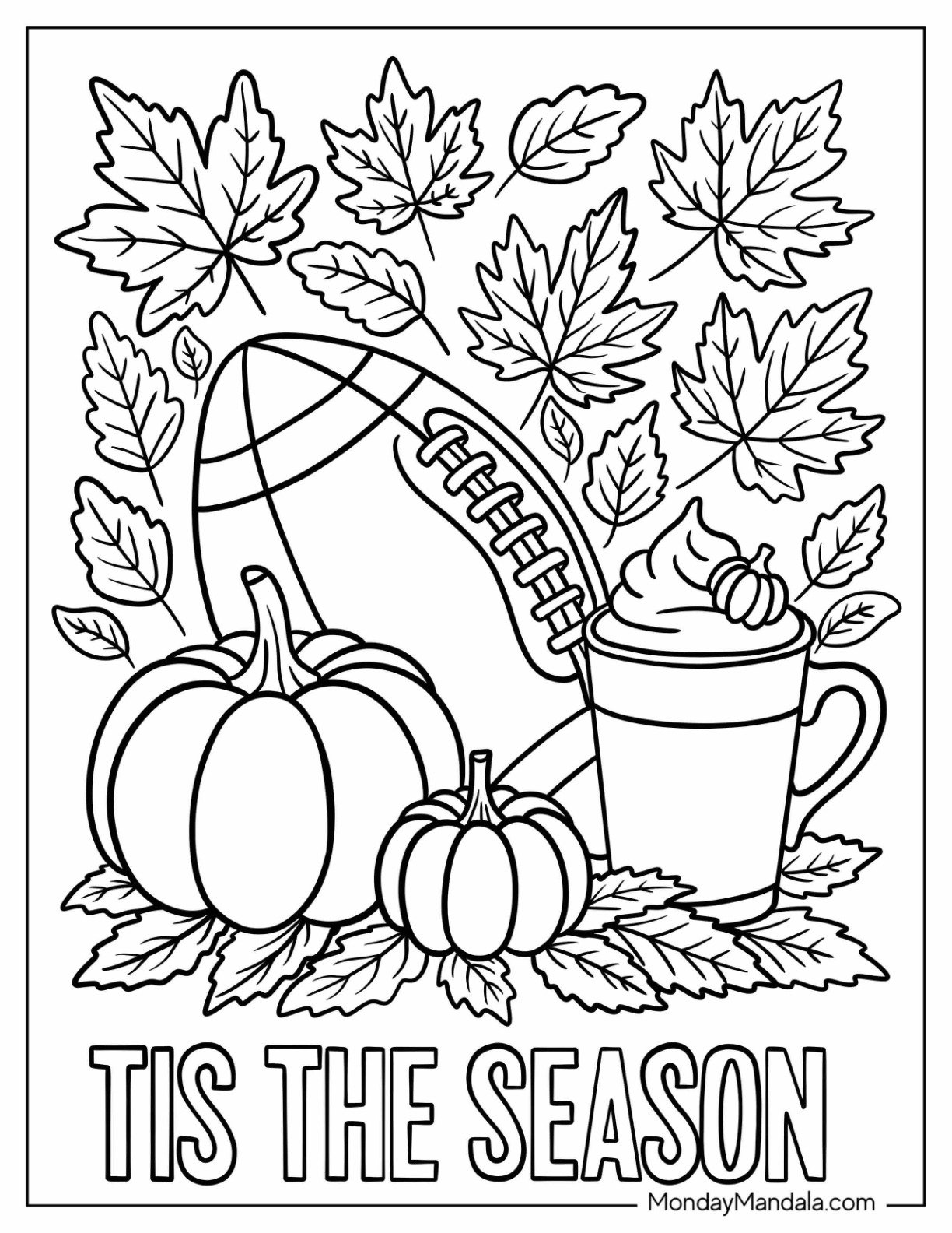 Autumn & Fall Coloring Page for Adults of Football with Pumpkins, Steaming Latte, and Falling Leaves