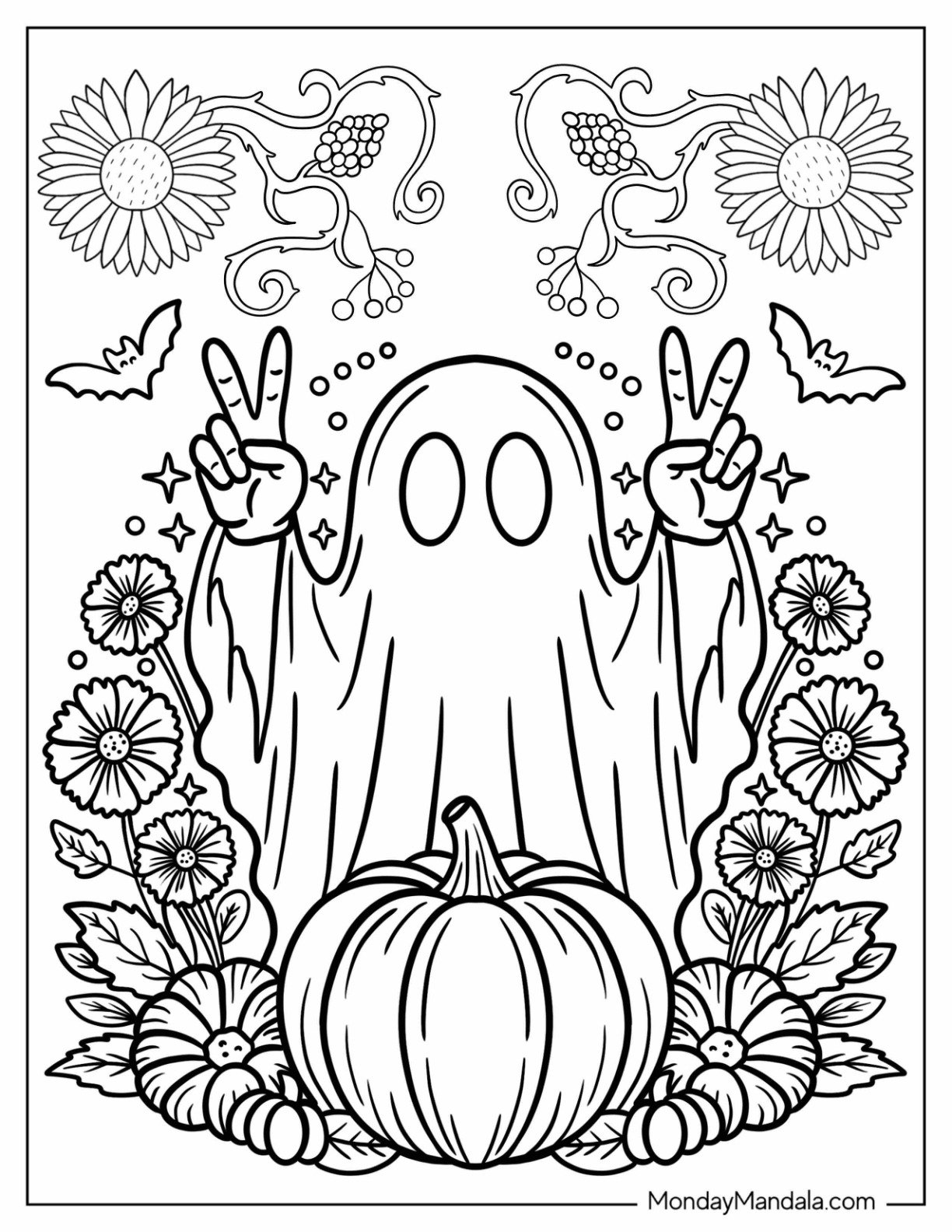 Autumn & Fall Coloring Page for Adults of Autumn Ghost Making Peace Sign behind Large Pumpkin and Flowers