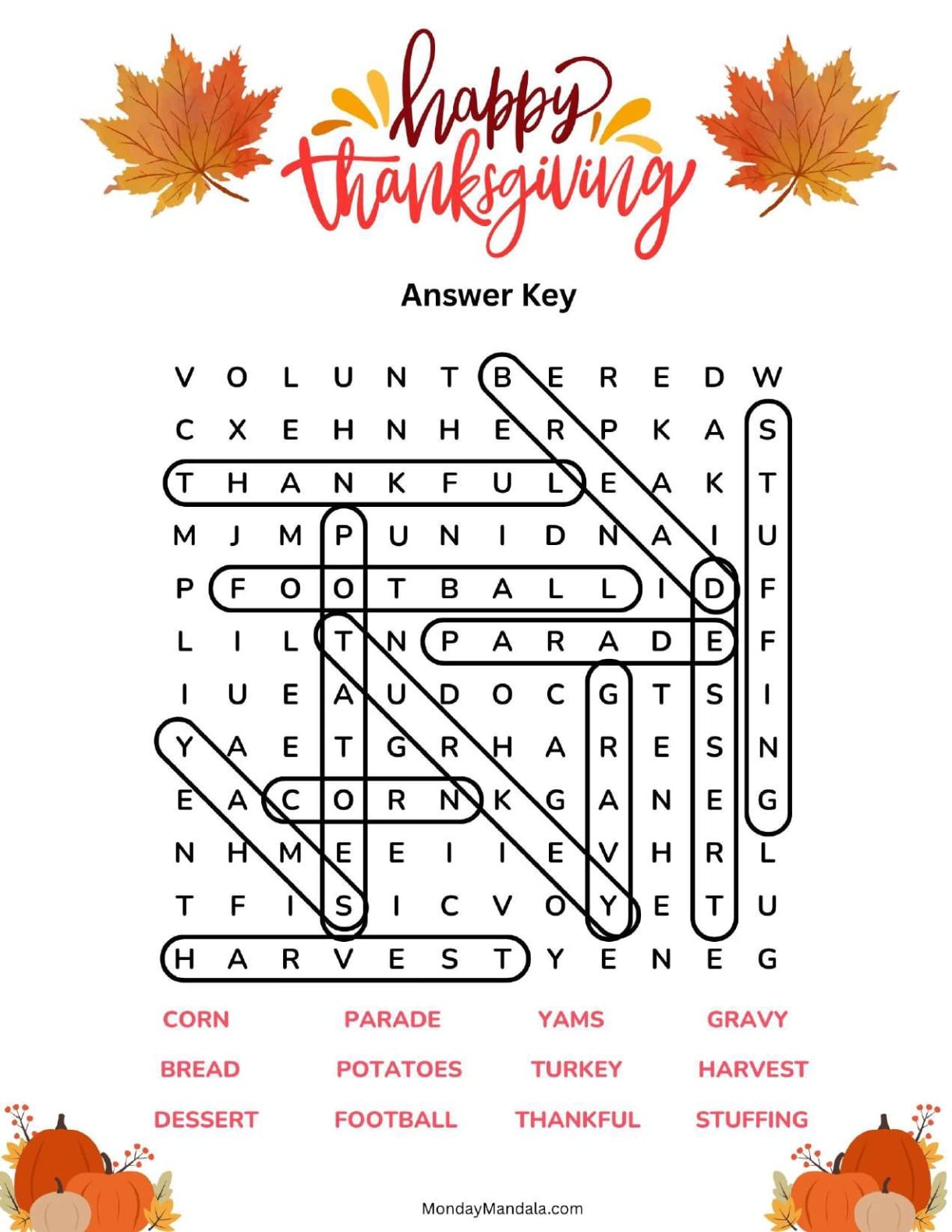 Autumn Leaves Thanksgiving Word Search Answer Key
