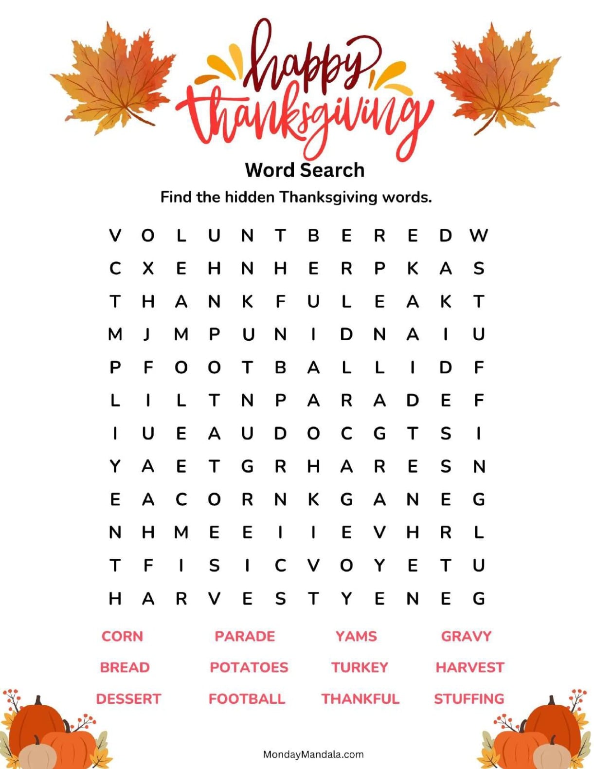 Autumn Leaves Thanksgiving Word Search