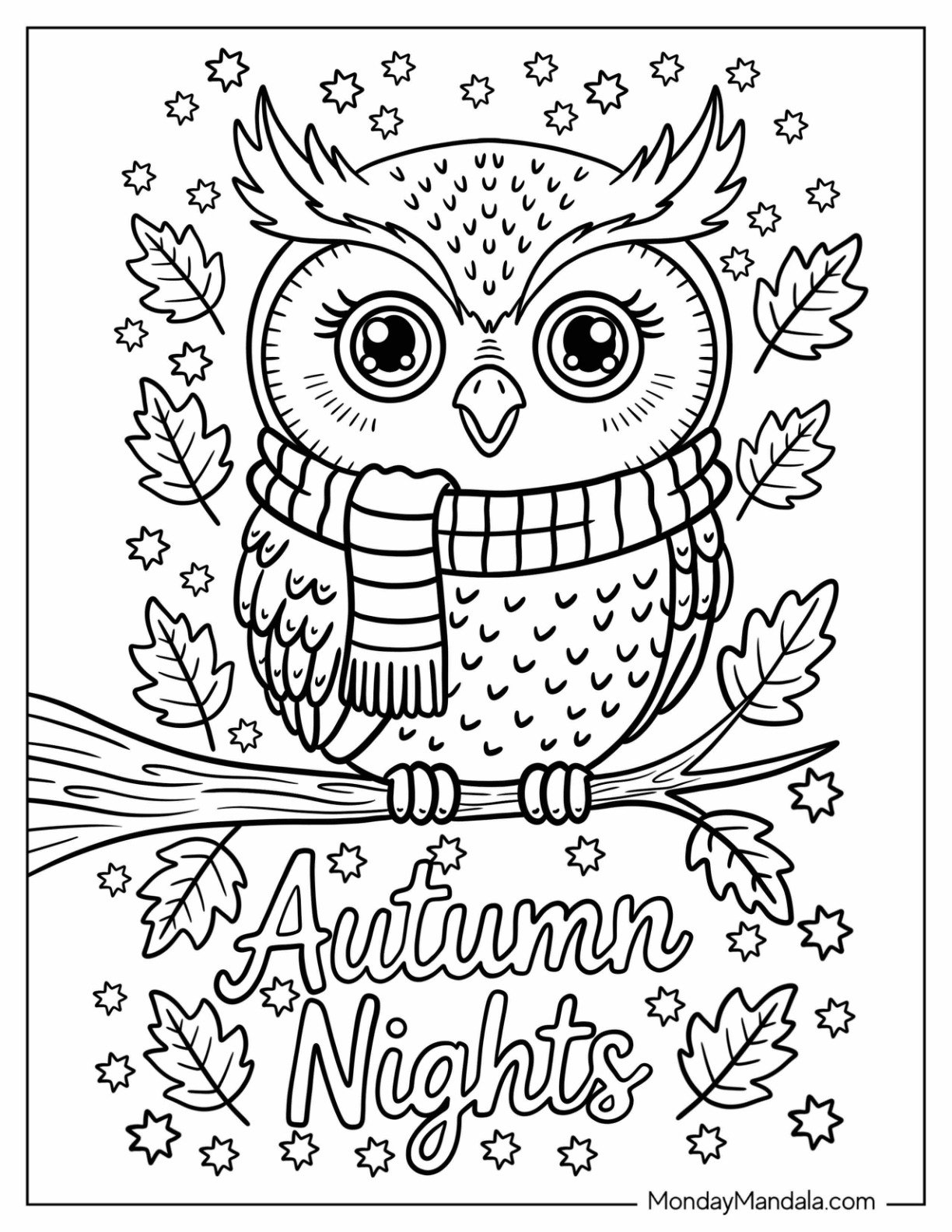 Autumn Owl with Scarf on Tree Branch Coloring Sheet for Kids