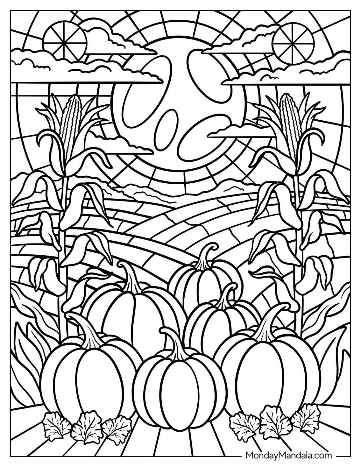 Autumn & Fall Coloring Page of Pumpkins and Tall Corn Stalks Under a Glowing Harvest Moon for Adults