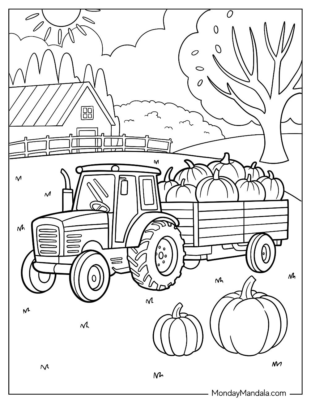 Autumn Tractor Coloring Page with Pumpkin Wagon by a Barn