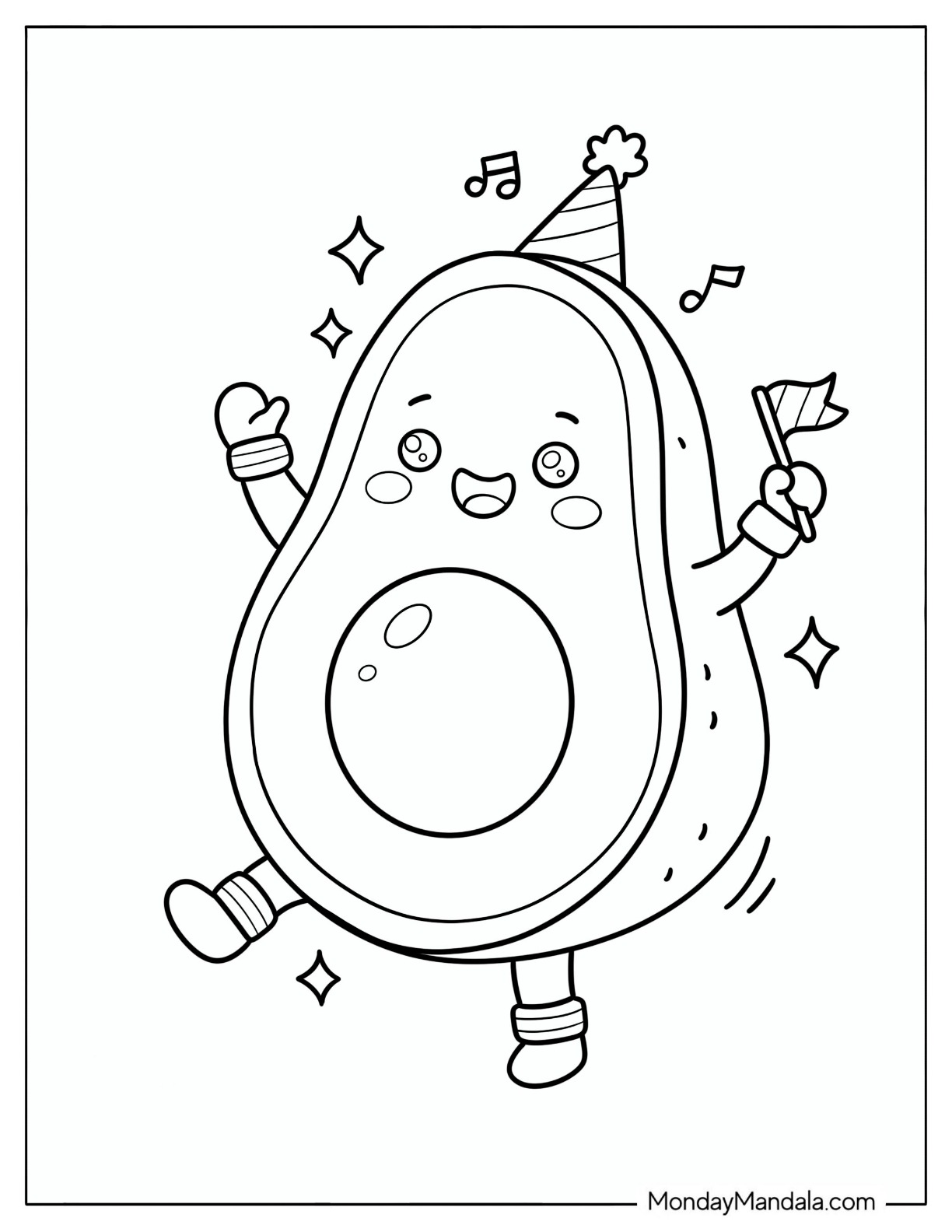 Avocado with a Birthday Hat and Sparkles Coloring Page for Kids