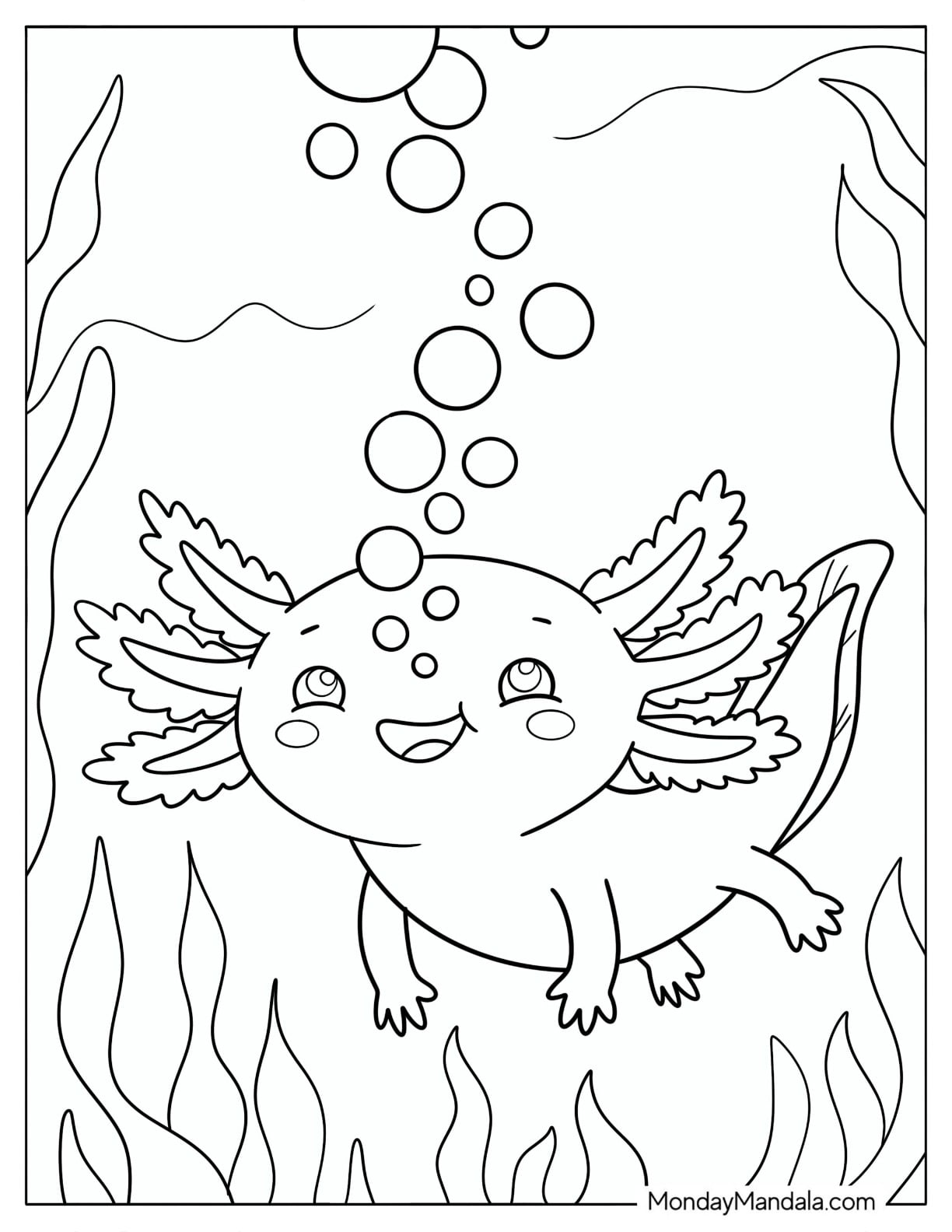 Axolotl Blowing Bubbles Among Aquatic Plants Coloring Page