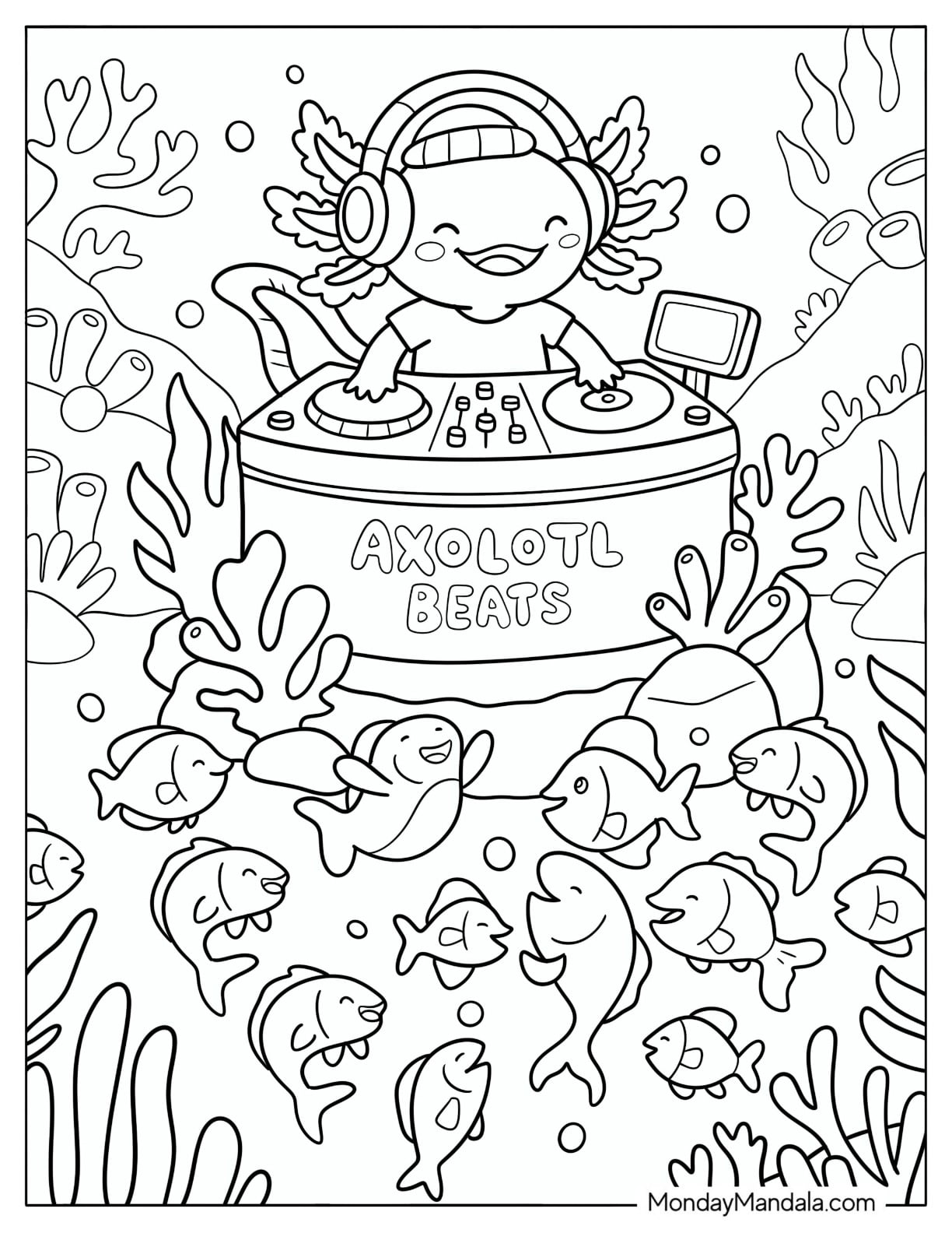Axolotl DJ Playing Music for Dancing Fish Coloring Sheet