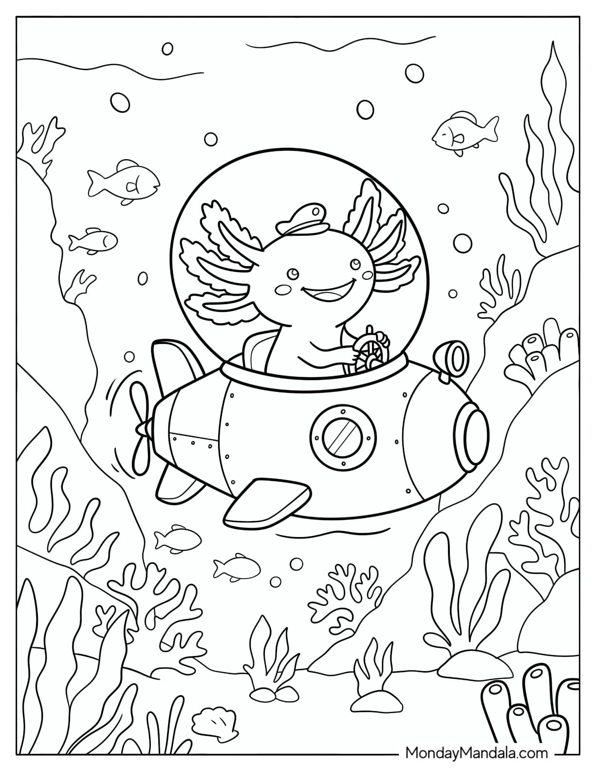 Axolotl Exploring a Coral Reef in a Submarine Coloring Page