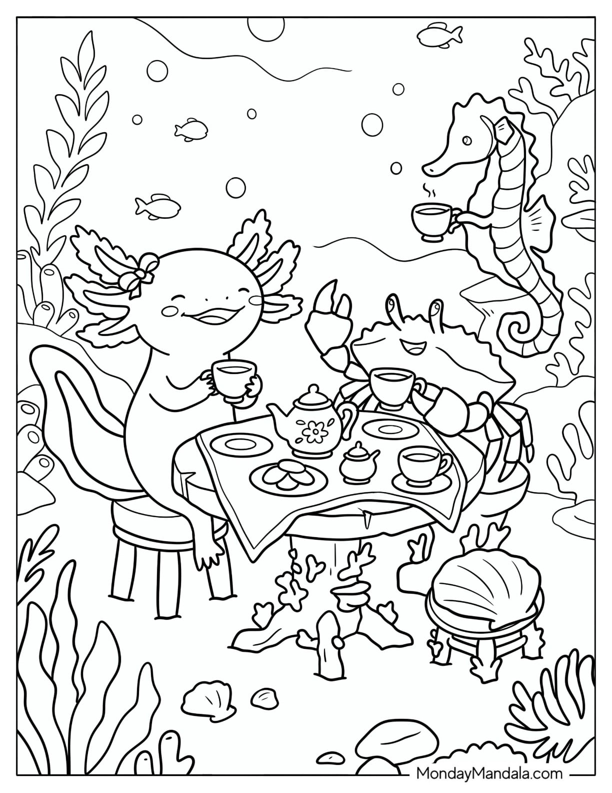 Axolotl Having an Underwater Tea Party with Sea Creatures Coloring Page for Kids